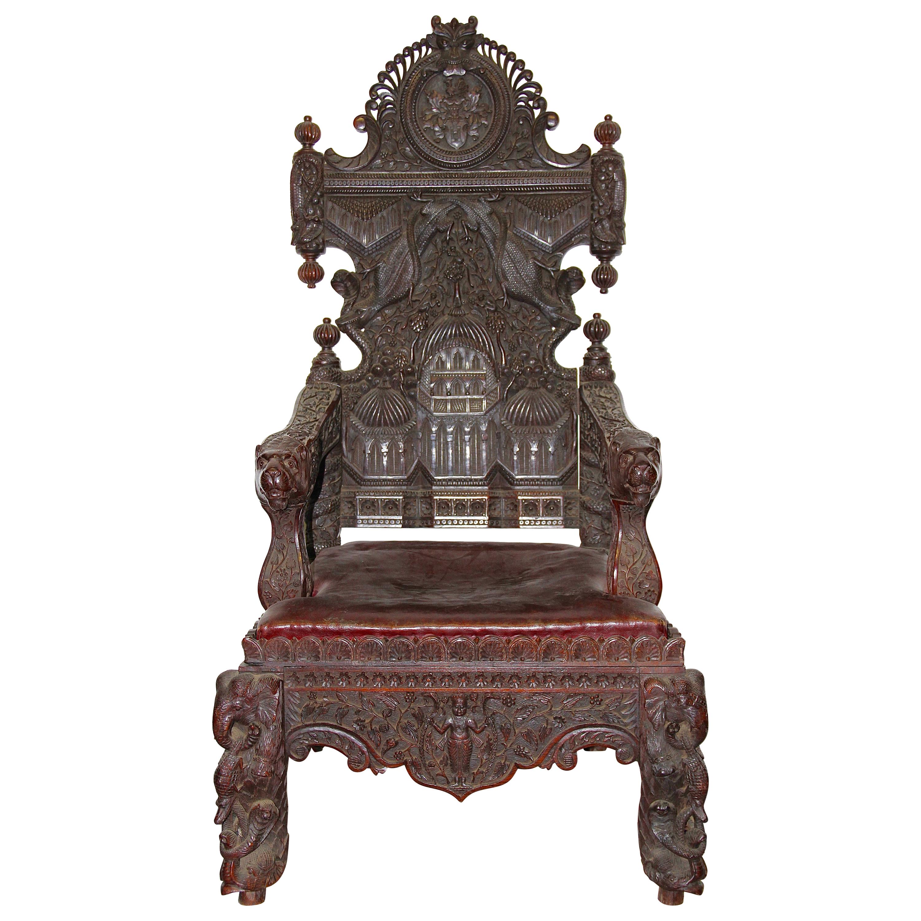 Grand fauteuil trône ancien très décoratif, bois massif du 19ème siècle
