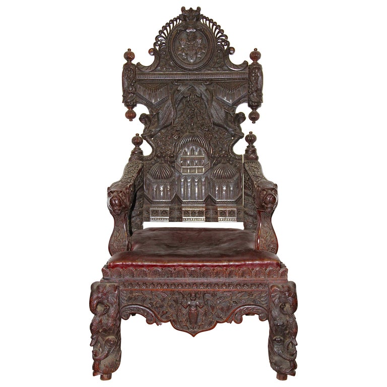 Large and Very Decorative Antique Throne Armchair, 19th Century Solid