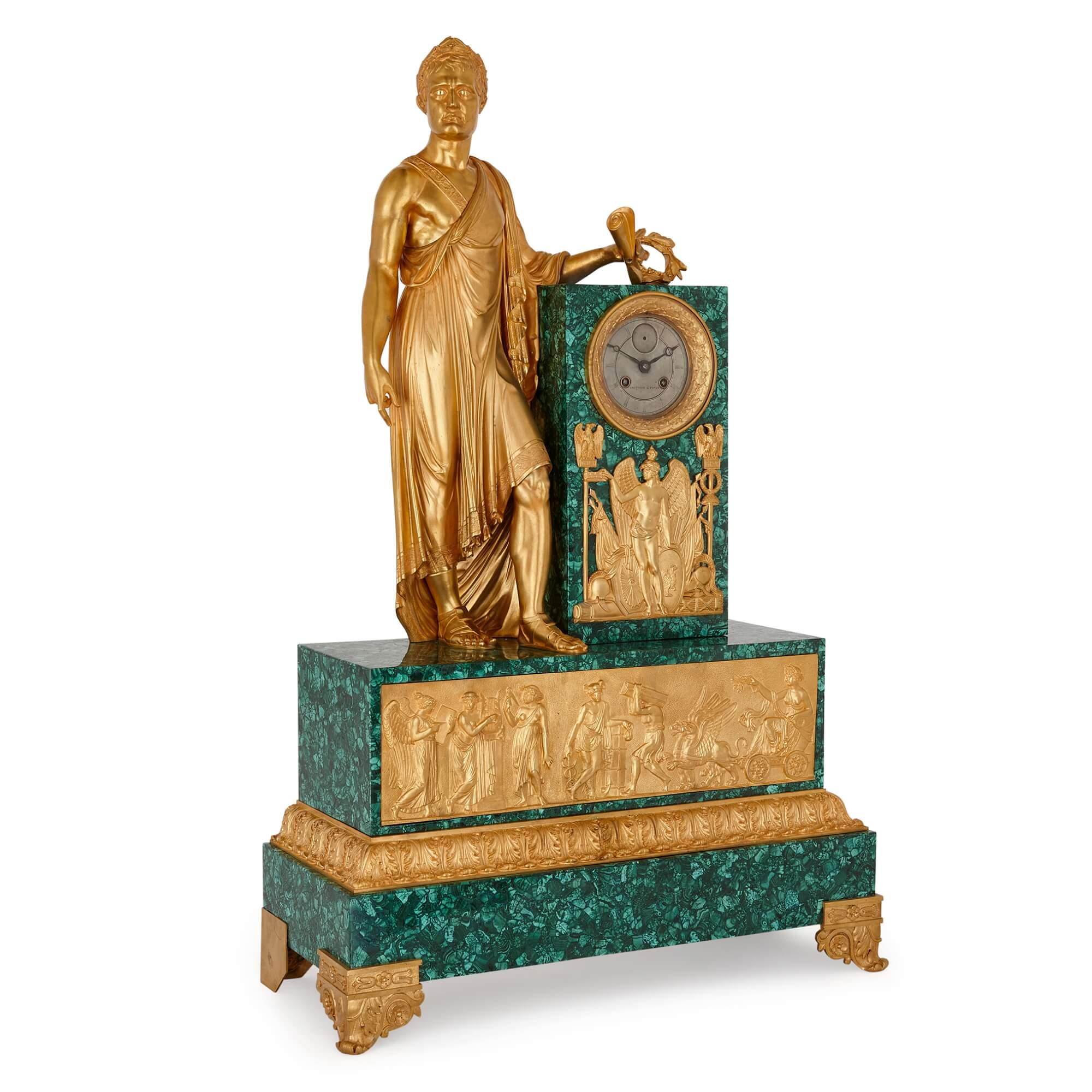 Large and very Fine French Empire period ormolu and malachite mantel clock
French, circa 1825
Height 89cm, width 57cm, depth 23cm
This very Fine, sculpturally decorated mantel clock dates to the first French Empire period, and combines excellent