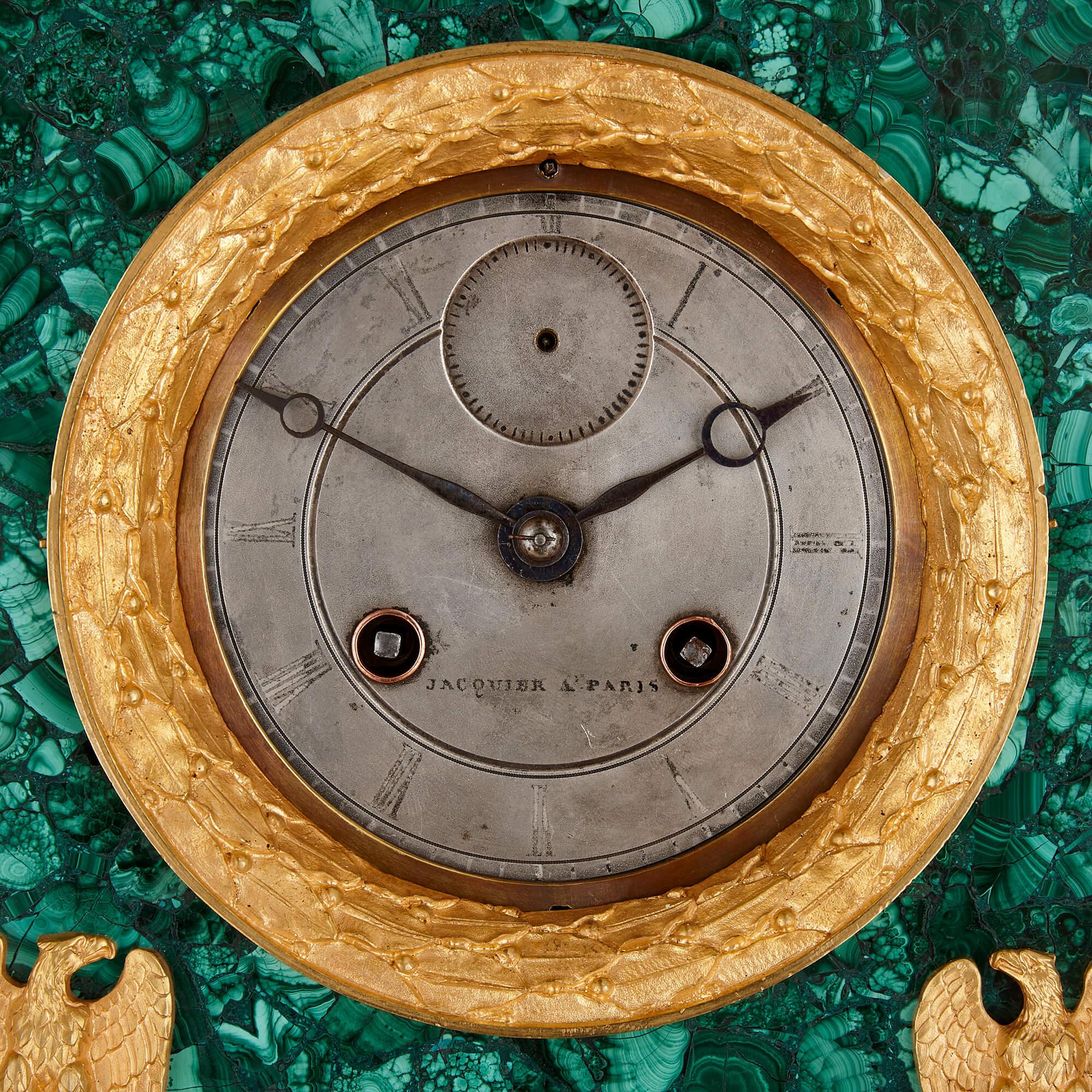 19th Century Large and Very Fine French Empire Period Ormolu and Malachite Mantel Clock For Sale