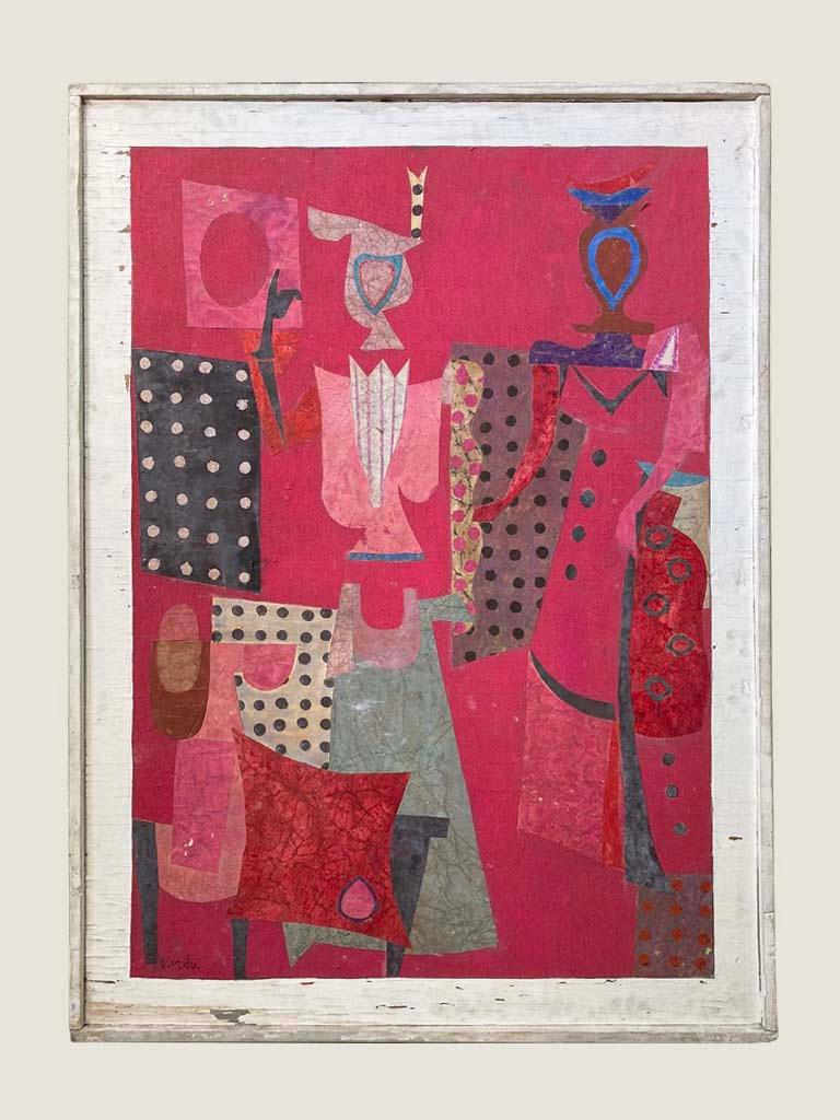 Ecco un vivace ed estroso collage su tavola dell'artista della baia di San Francisco, Jean Varda. Varda è nota per la combinazione di influenze figurative, surrealiste e astratte per creare collage audaci, colorati e spesso fantasiosi. I colori e i