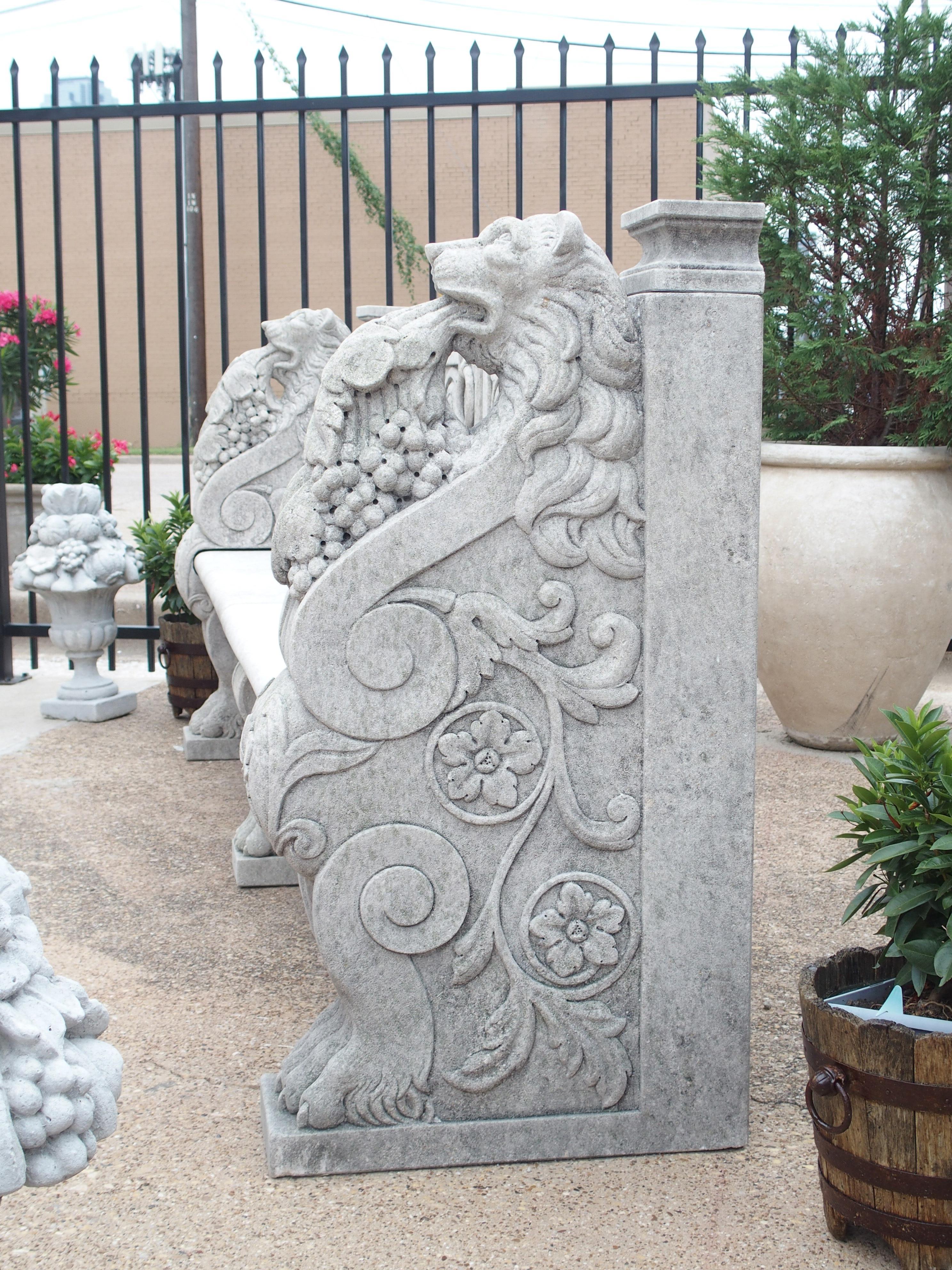 Two Large and Well-Carved Italian Limestone Garden Benches In Good Condition In Dallas, TX