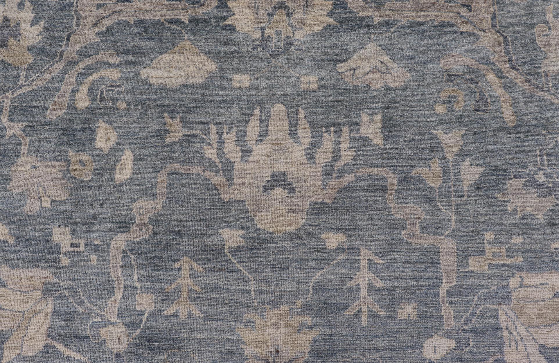 Hand-Knotted Large and Wide Turkish Angora Oushak Rug in Dusty Blue Background, Taupe Border