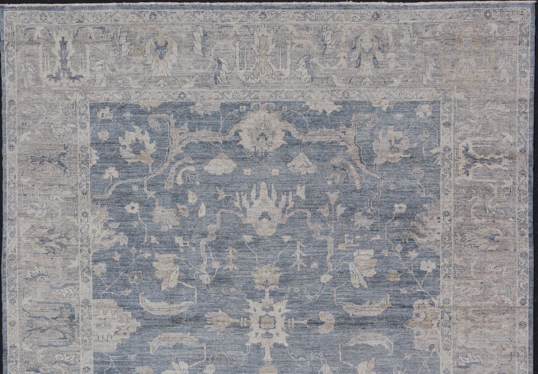 Large and Wide Turkish Angora Oushak Rug in Dusty Blue Background, Taupe Border In New Condition In Atlanta, GA