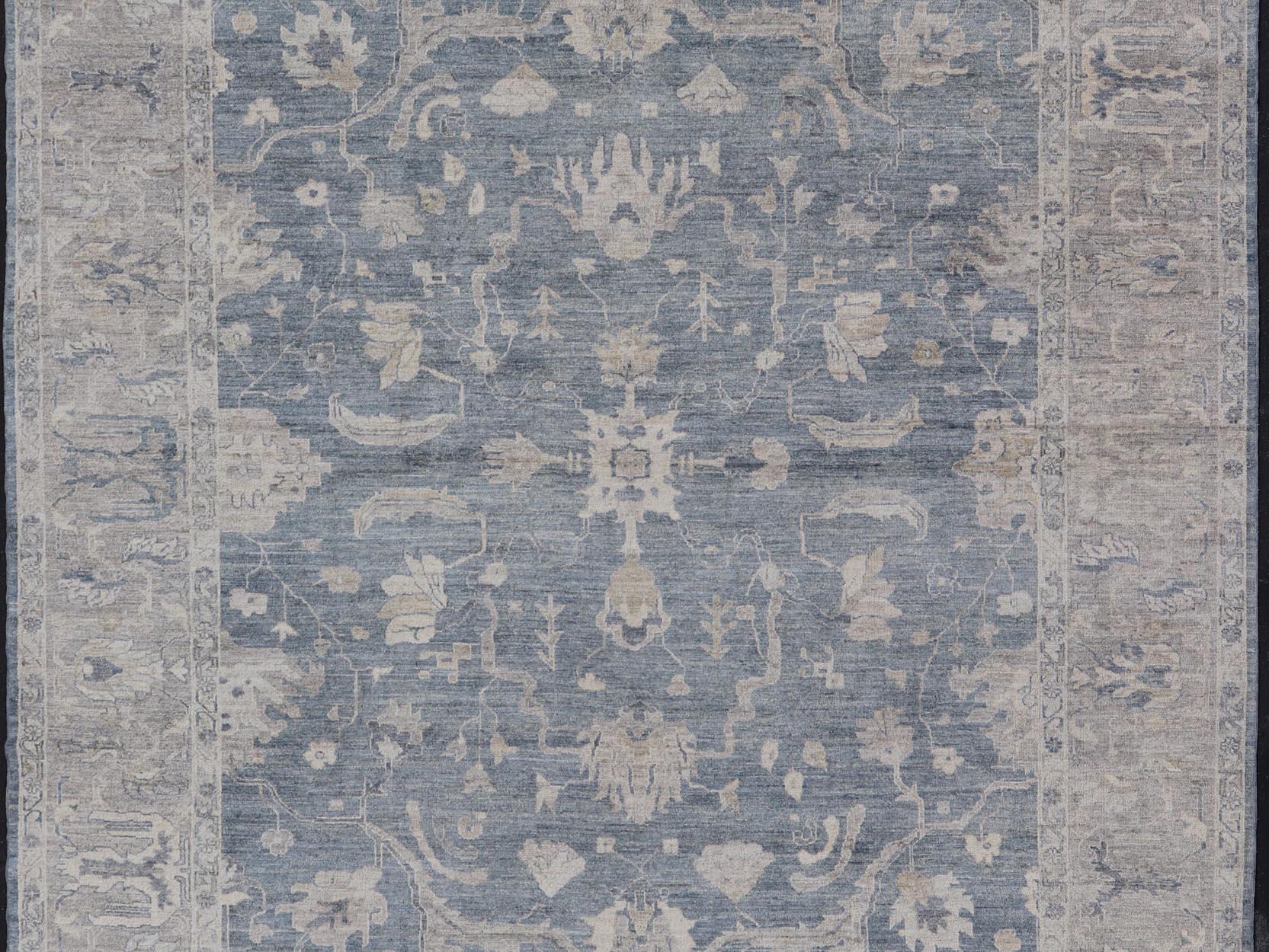 Contemporary Large and Wide Turkish Angora Oushak Rug in Dusty Blue Background, Taupe Border