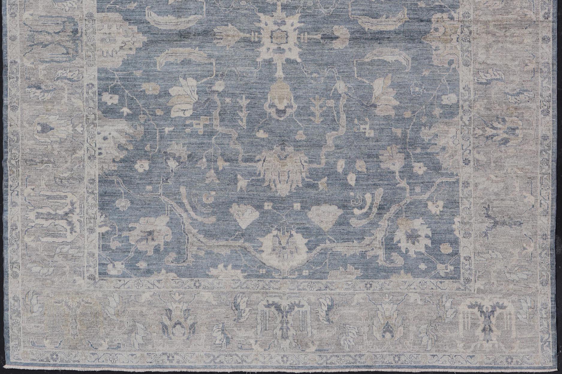 Wool Large and Wide Turkish Angora Oushak Rug in Dusty Blue Background, Taupe Border