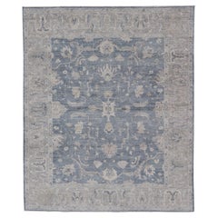 Large and Wide Turkish Angora Oushak Rug in Dusty Blue Background, Taupe Border