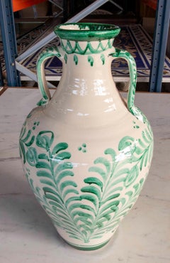 Large Andalusian Green and White Ceramic Jug with Handles