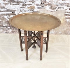 Large Anglo-Indian Brass Tray Folding Table with Engraved Top and Wooden Base