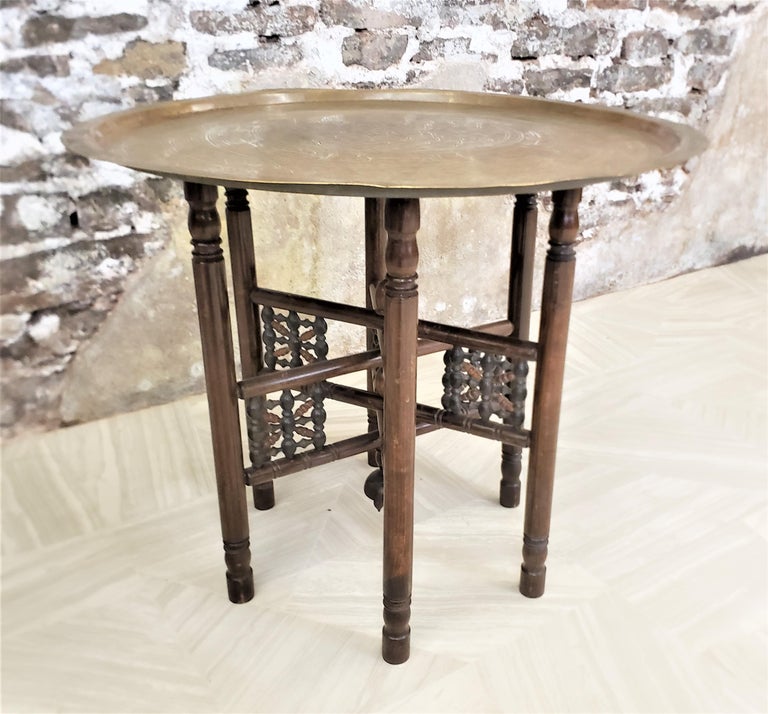 Large AngloIndian Brass Tray Folding Table with Engraved Top and