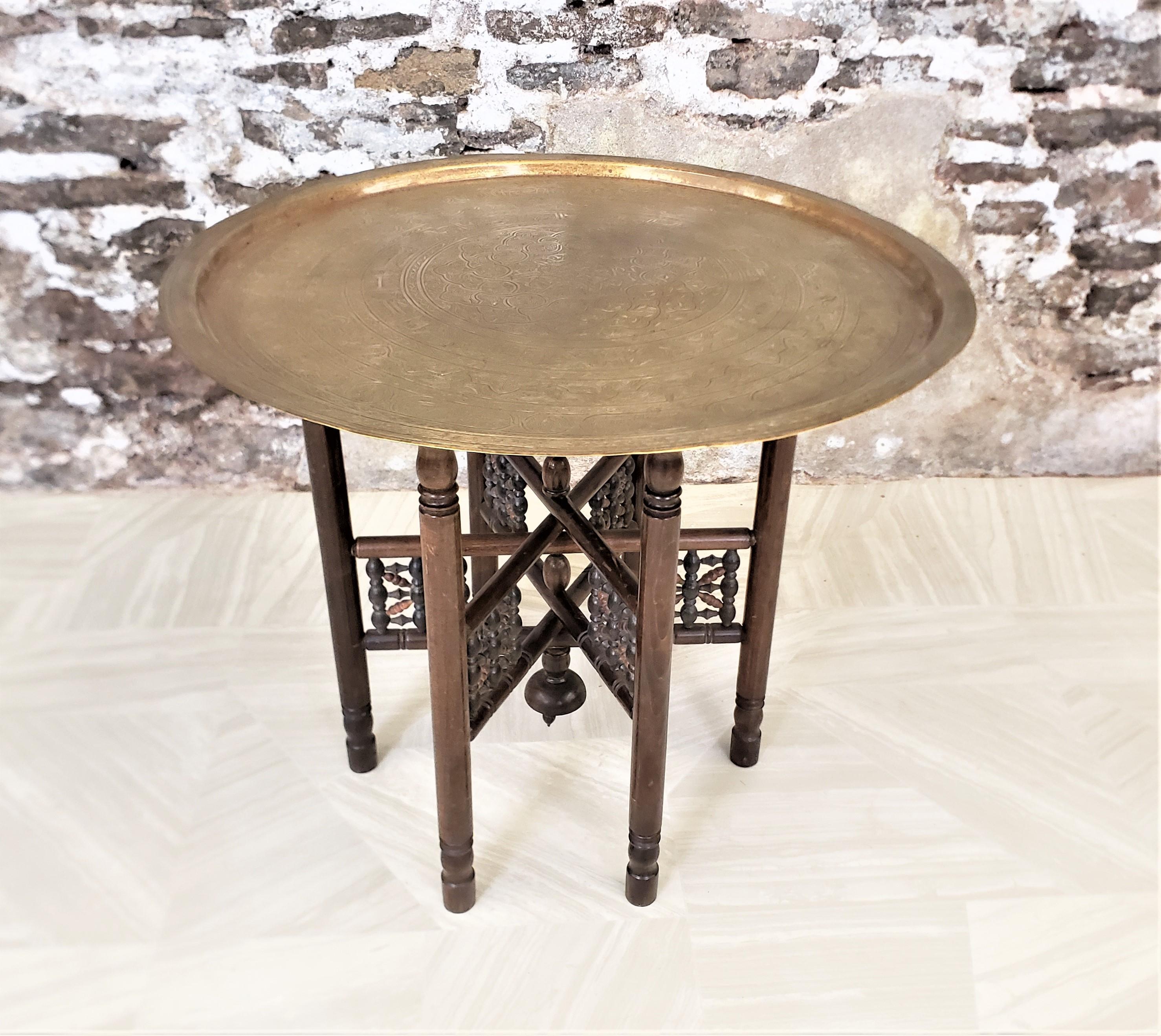 Machine-Made Large Anglo-Indian Brass Tray Folding Table with Engraved Top and Wooden Base
