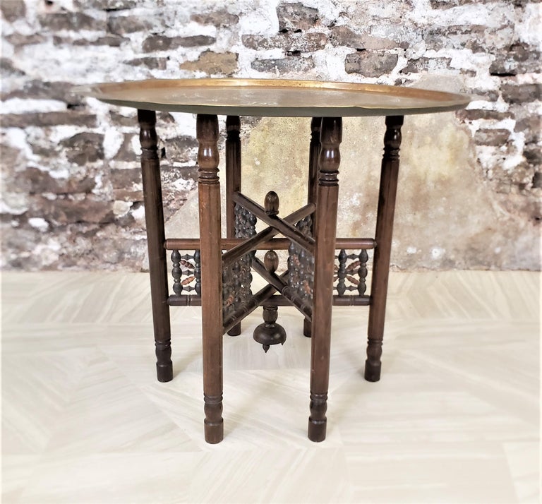 Large AngloIndian Brass Tray Folding Table with Engraved Top and