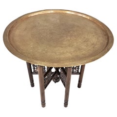 Large Anglo-Indian Brass Tray Folding Table with Engraved Top and Wooden Base
