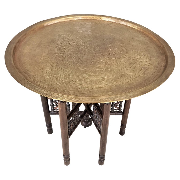 Large AngloIndian Brass Tray Folding Table with Engraved Top and