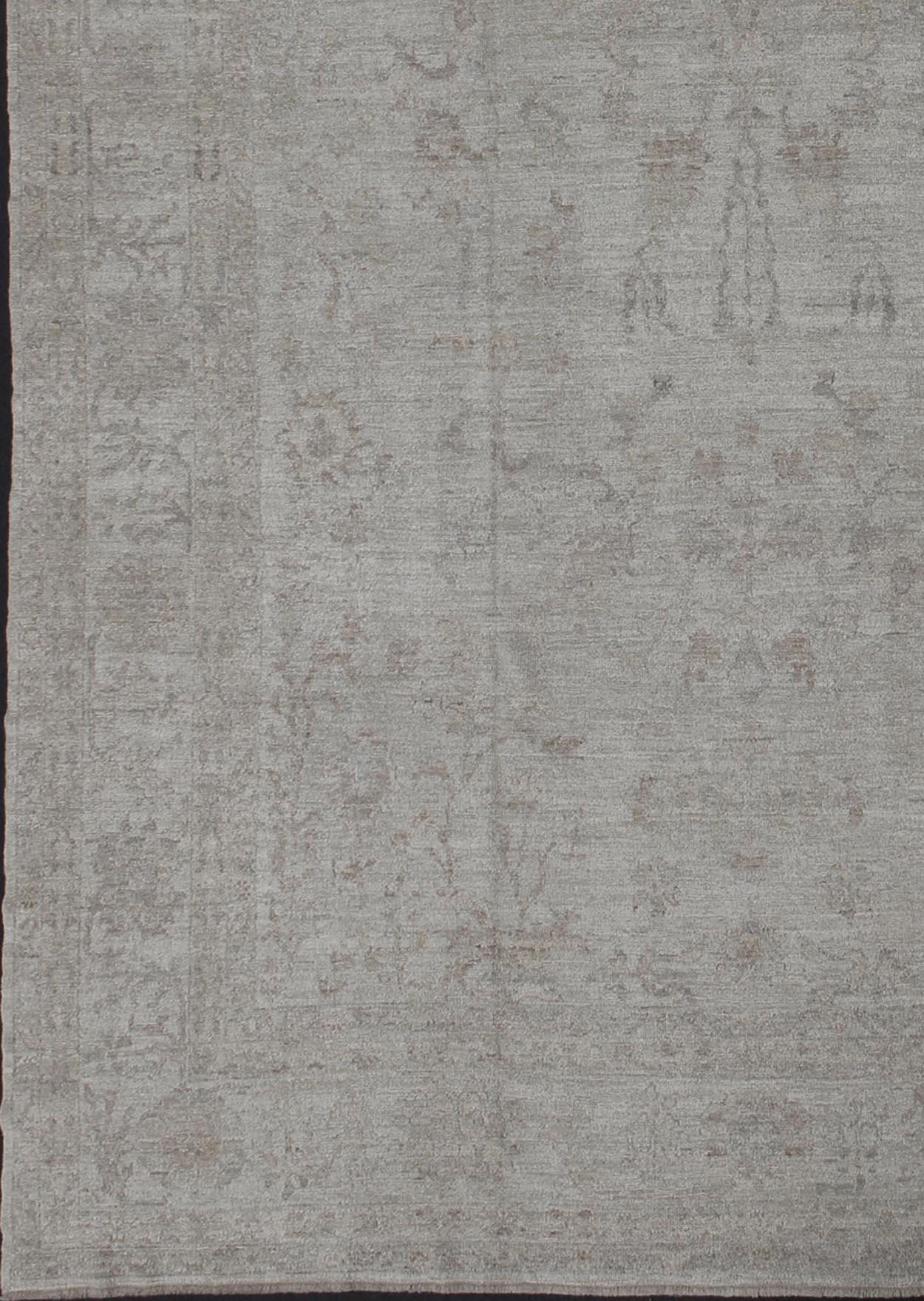 Hand-Knotted Large Angora Oushak Turkish Rug in Cream, Taupe, Silver, and Hints of Faded Blue For Sale
