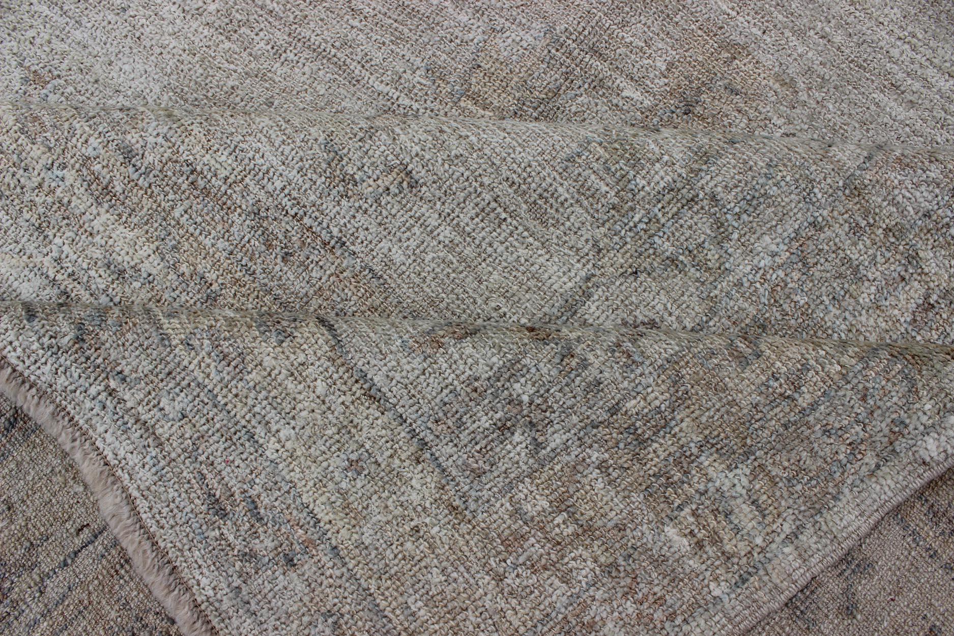 Contemporary Large Angora Oushak Turkish Rug in Cream, Taupe, Silver, and Hints of Faded Blue For Sale