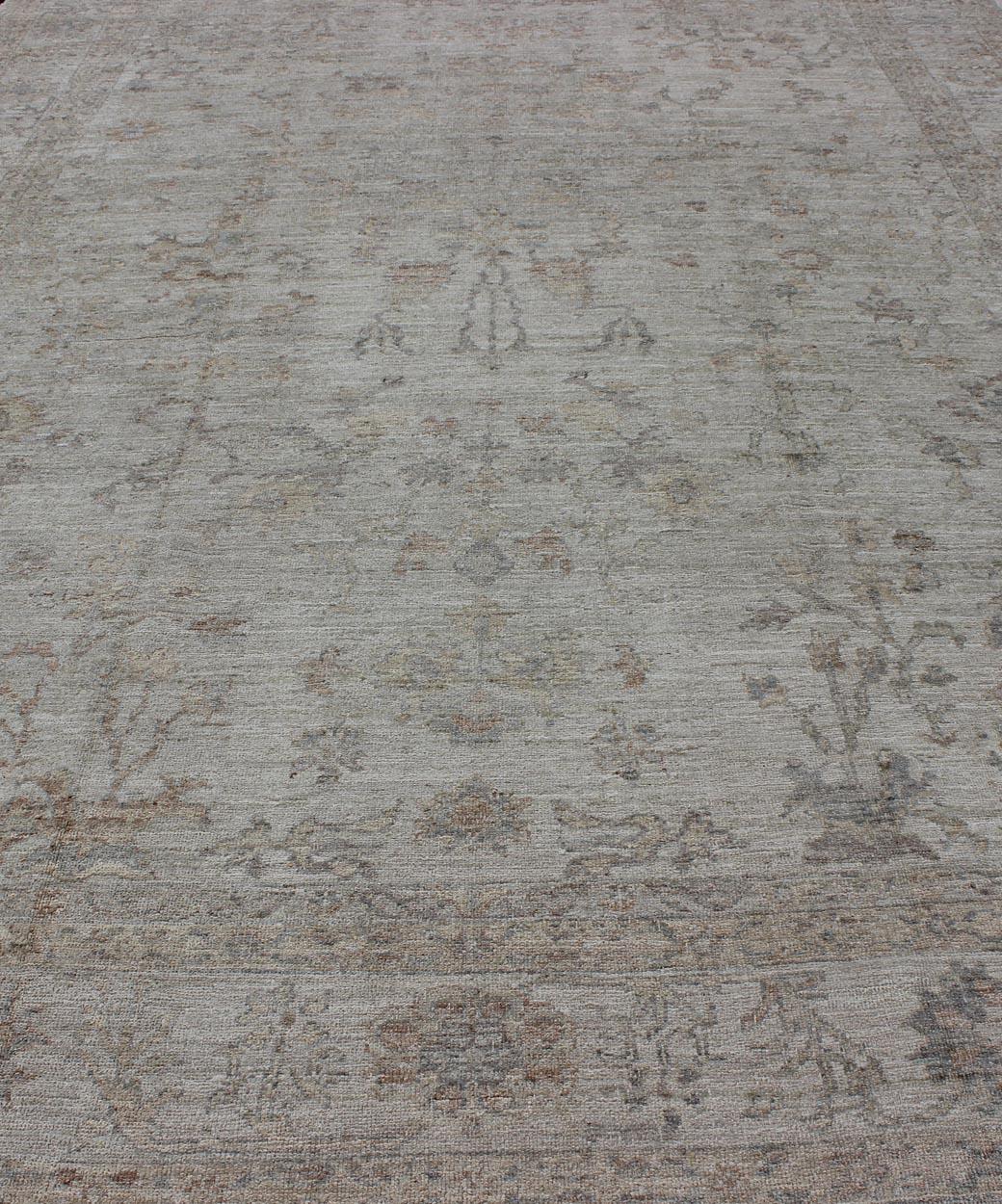 Large Angora Oushak Turkish Rug in Cream, Taupe, Silver, and Hints of Faded Blue For Sale 1