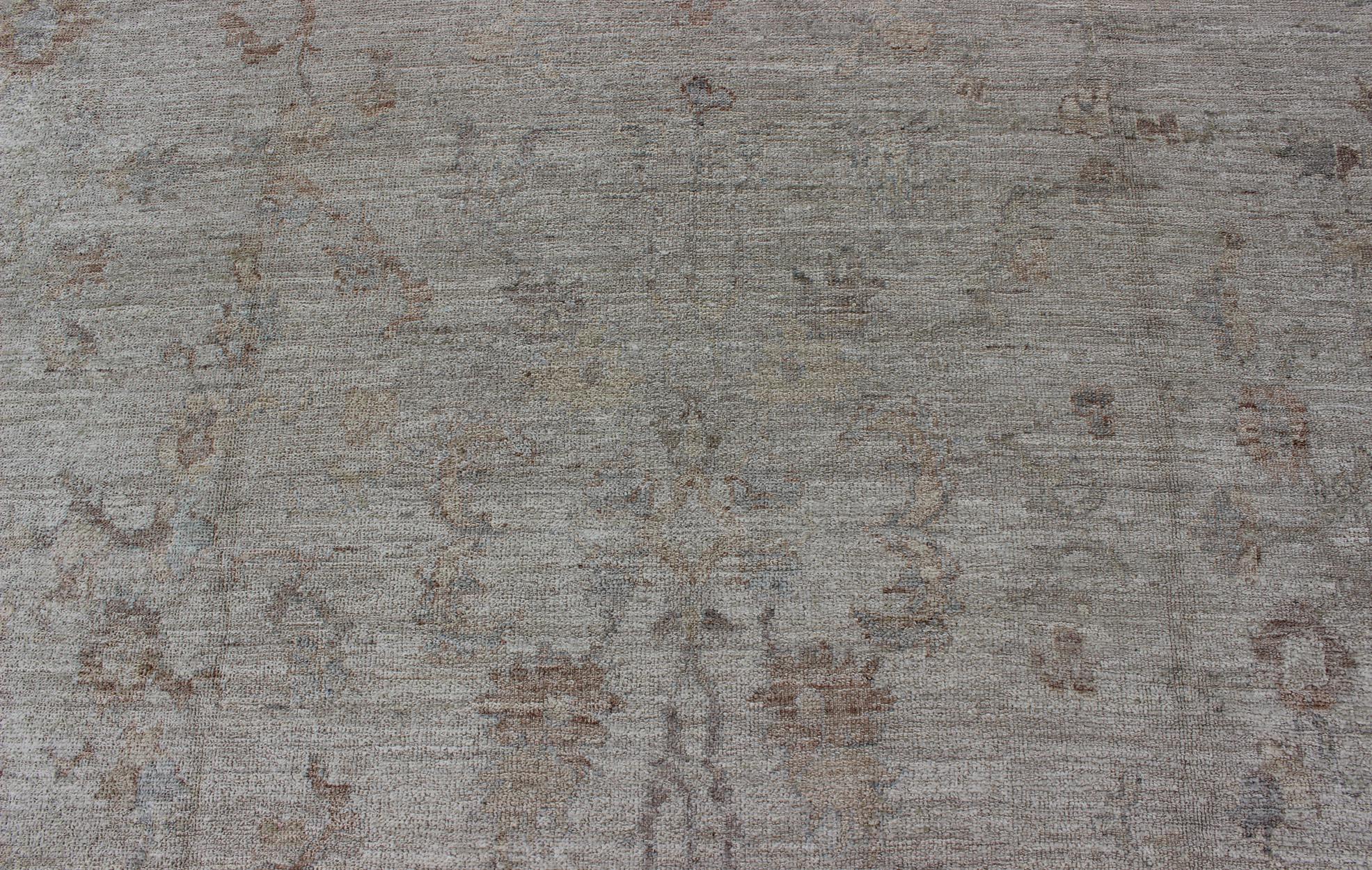 Large Angora Oushak Turkish Rug in Cream, Taupe, Silver, and Hints of Faded Blue For Sale 3