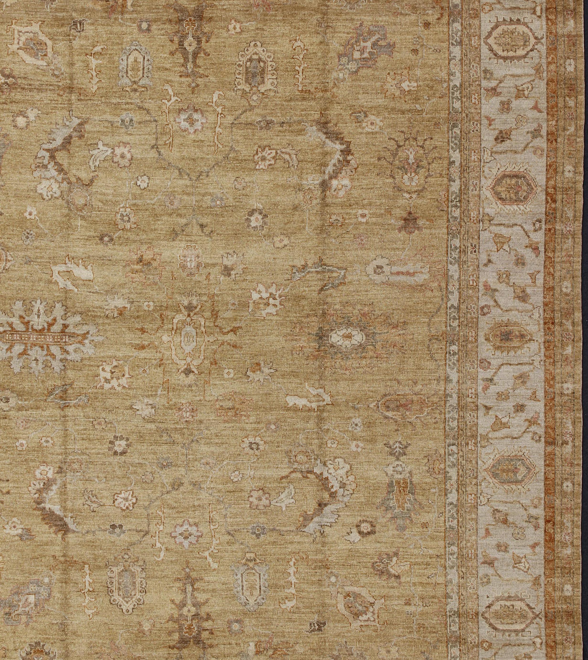 Large Angora Oushak Turkish Rug in Warm Colors of Taupe, Soft Gold, Brown, Cream For Sale 5