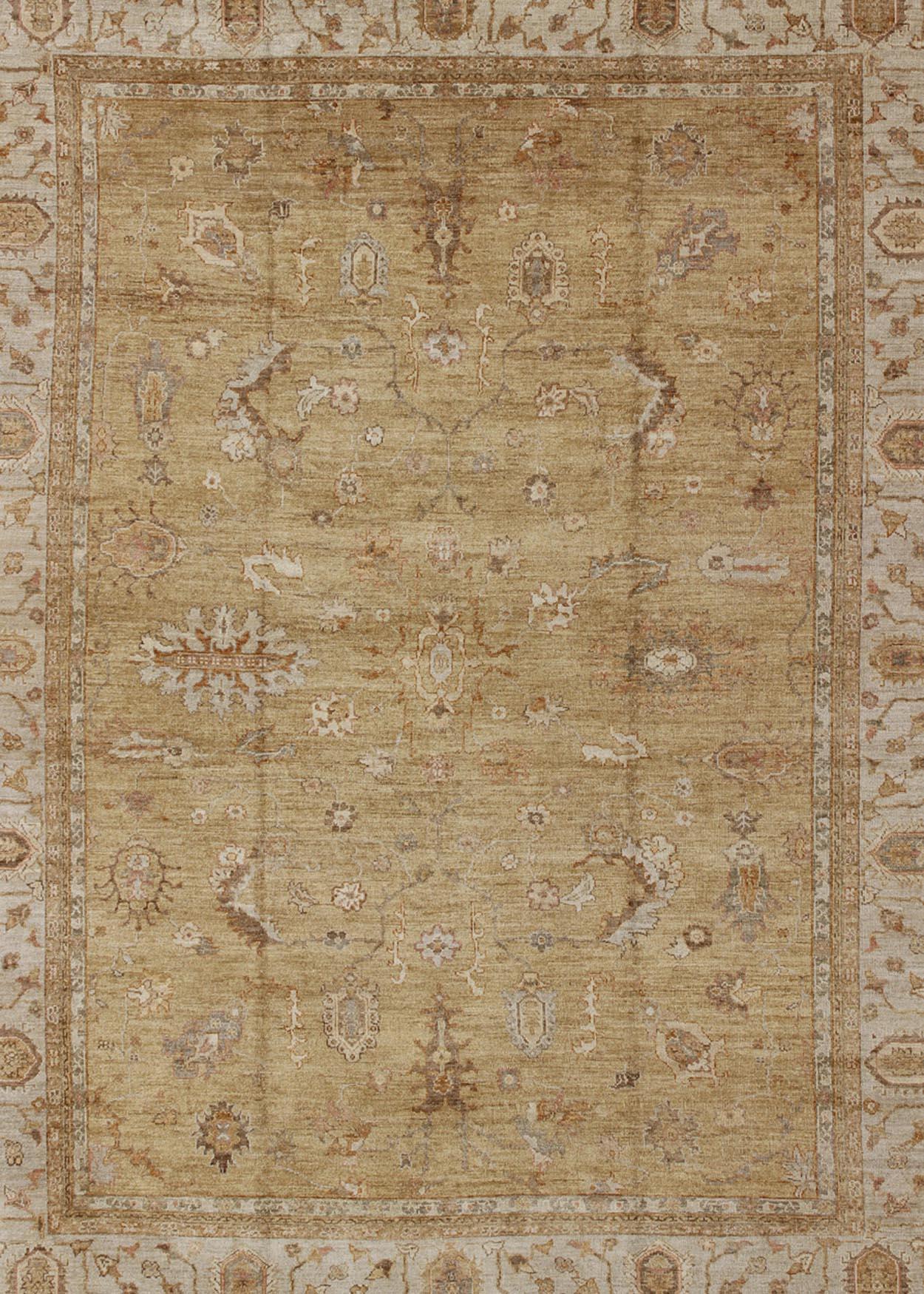 Hand-Knotted Large Angora Oushak Turkish Rug in Warm Colors of Taupe, Soft Gold, Brown, Cream For Sale