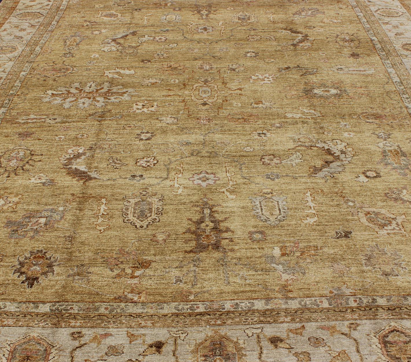 Contemporary Large Angora Oushak Turkish Rug in Warm Colors of Taupe, Soft Gold, Brown, Cream For Sale