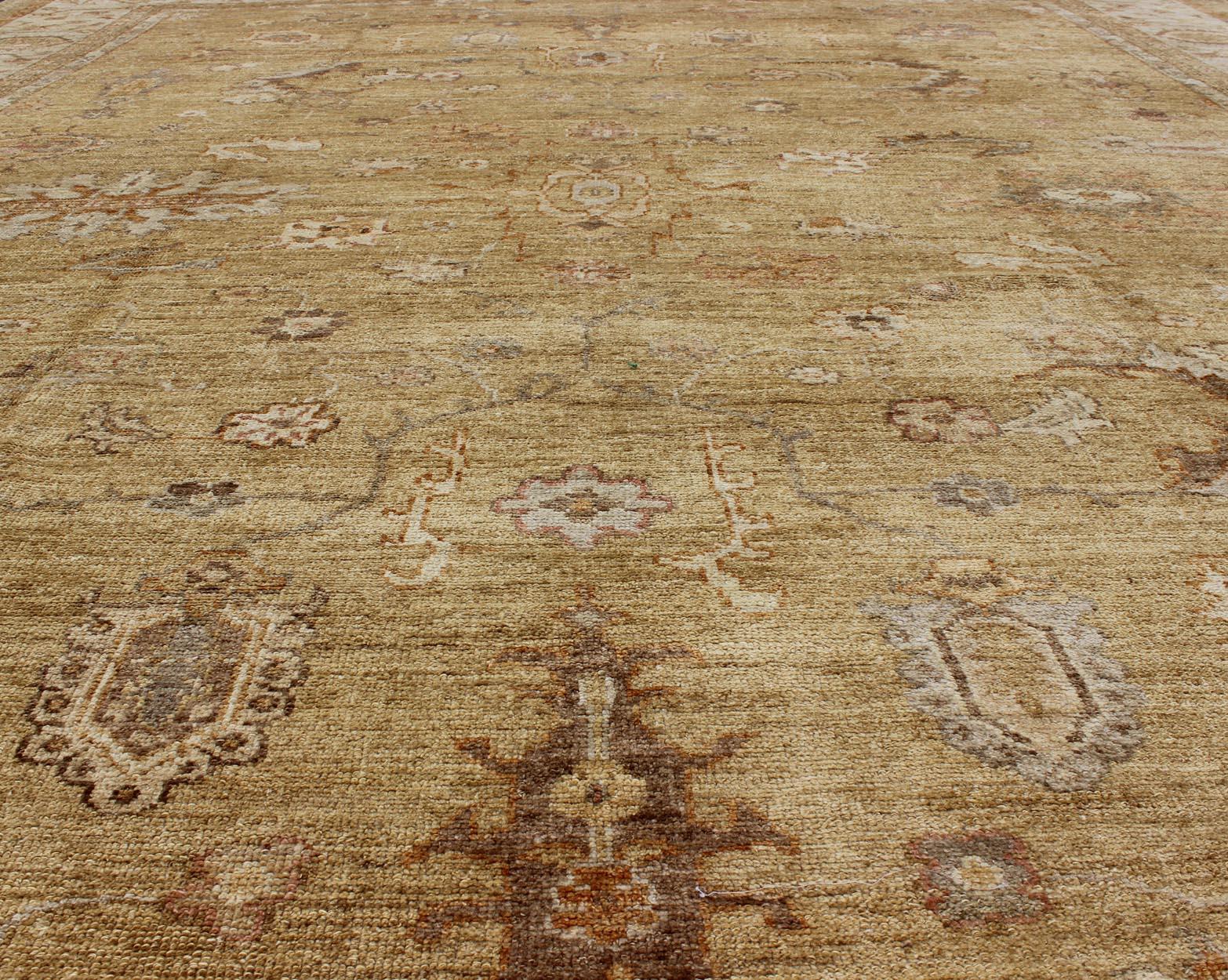 Wool Large Angora Oushak Turkish Rug in Warm Colors of Taupe, Soft Gold, Brown, Cream For Sale