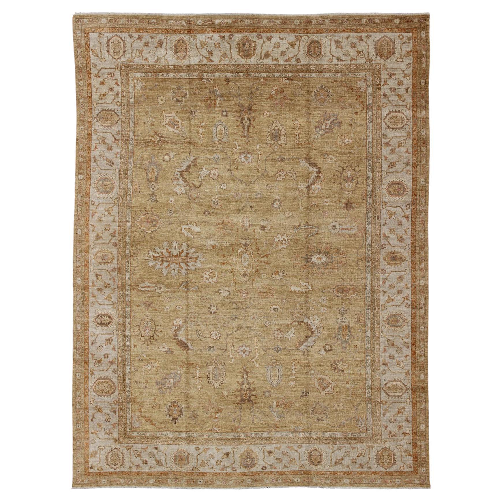 Large Angora Oushak Turkish Rug in Warm Colors of Taupe, Soft Gold, Brown, Cream For Sale