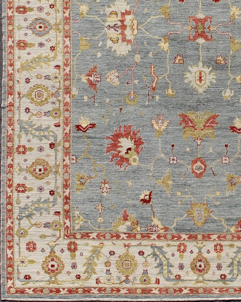 Large Angora Turkish Oushak Rug in Blue Background and Ivory with Hints ...