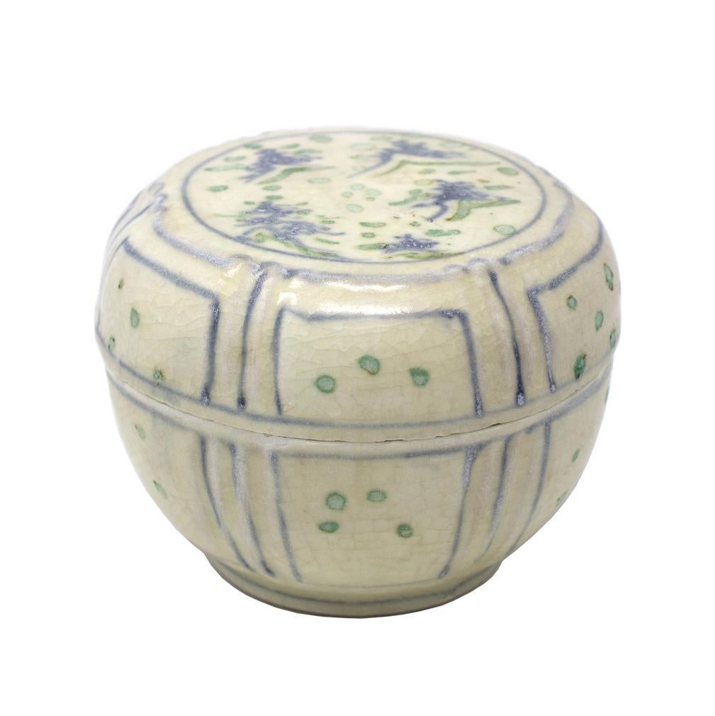 Large Annamese Blue and Enameled Ceramic Box, Chu Dau kiln, Vietnam, circa 1500. The
cover with a flat top decorated with landscape design of mountains and trees, outlined with panels along the sides and traces of the light green enameled spots