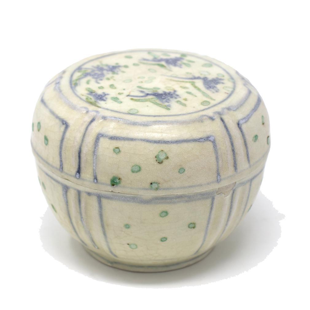 Folk Art Large Annamese Blue and Enameled Ceramic Box, Chu Dau kiln, Vietnam For Sale