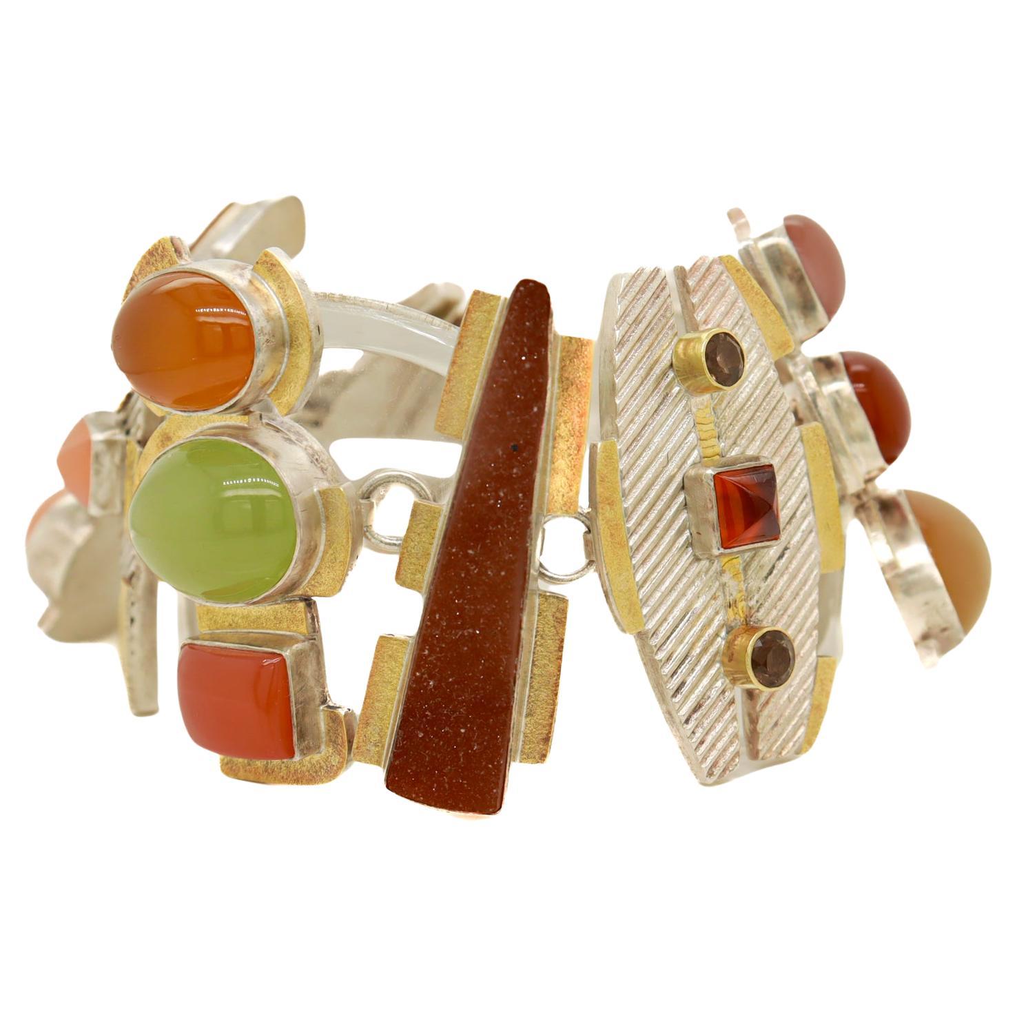 Large Anne Besse Shepherd Sterling Silver, 22k Gold, and Multi-Gemstone Bracelet