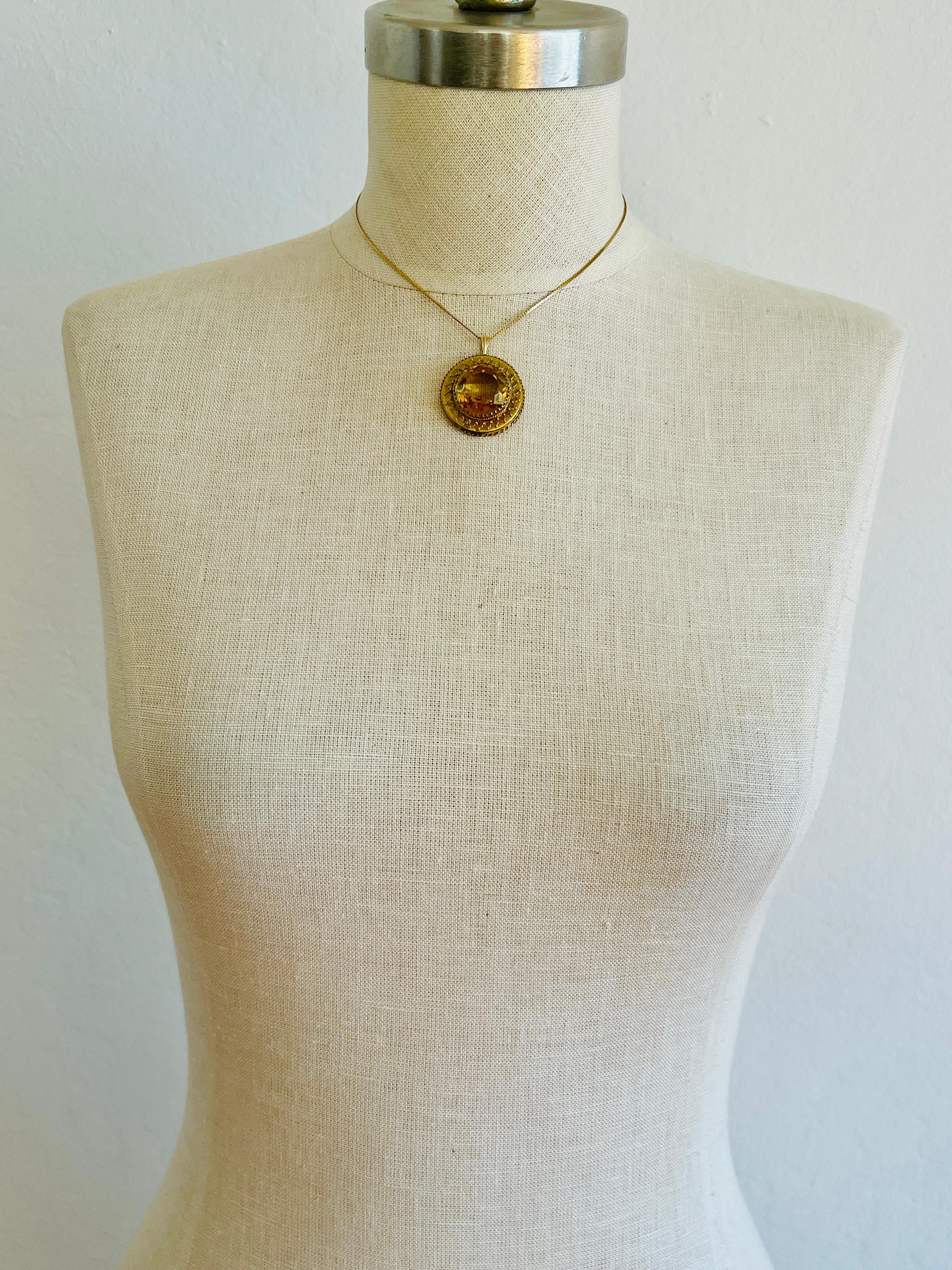 Large Antique 14k Yellow Gold Citrine Quartz Necklace Pendant Vintage Round 6
