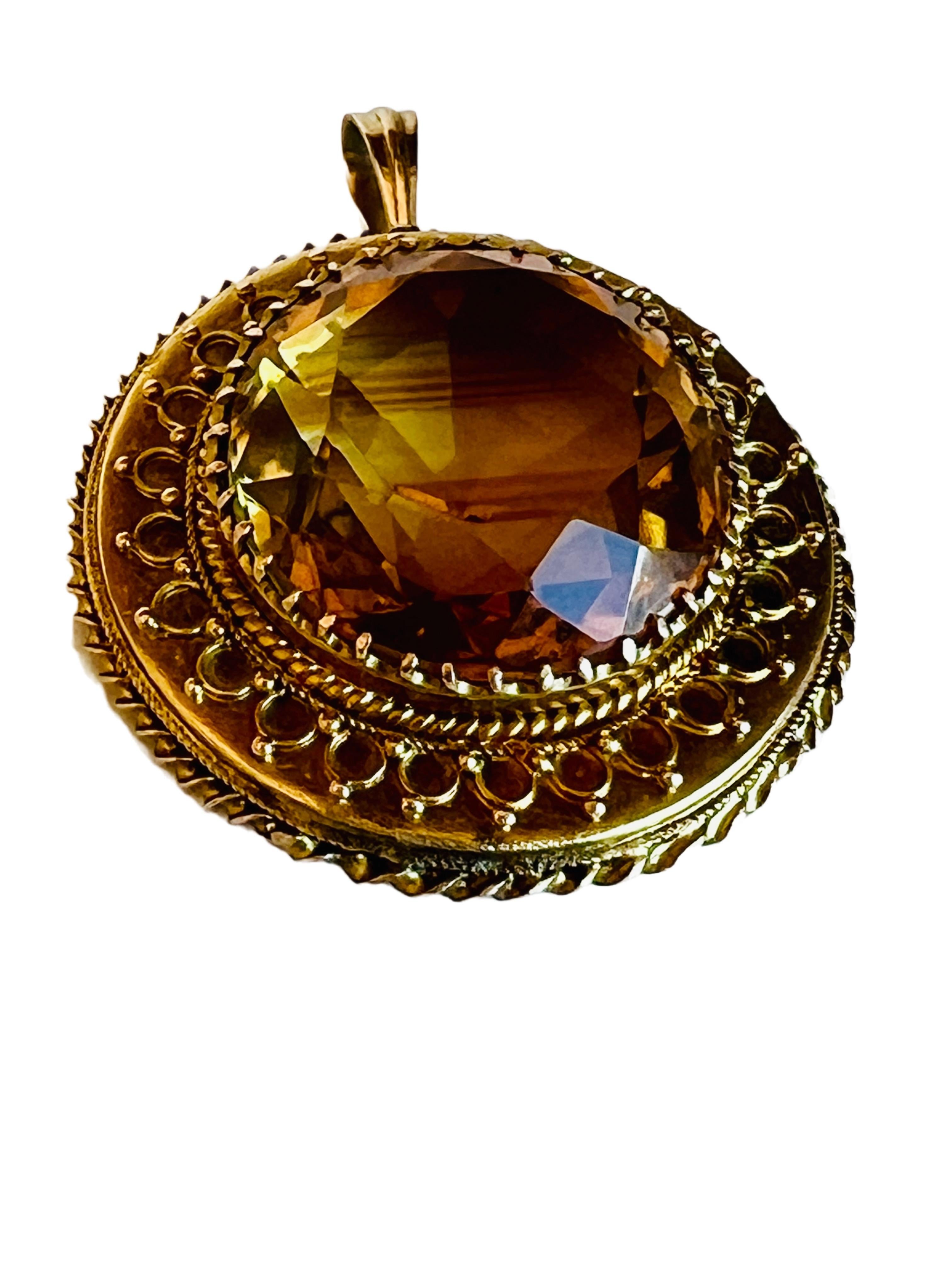 Round Cut Large Antique 14k Yellow Gold Citrine Quartz Necklace Pendant Vintage Round