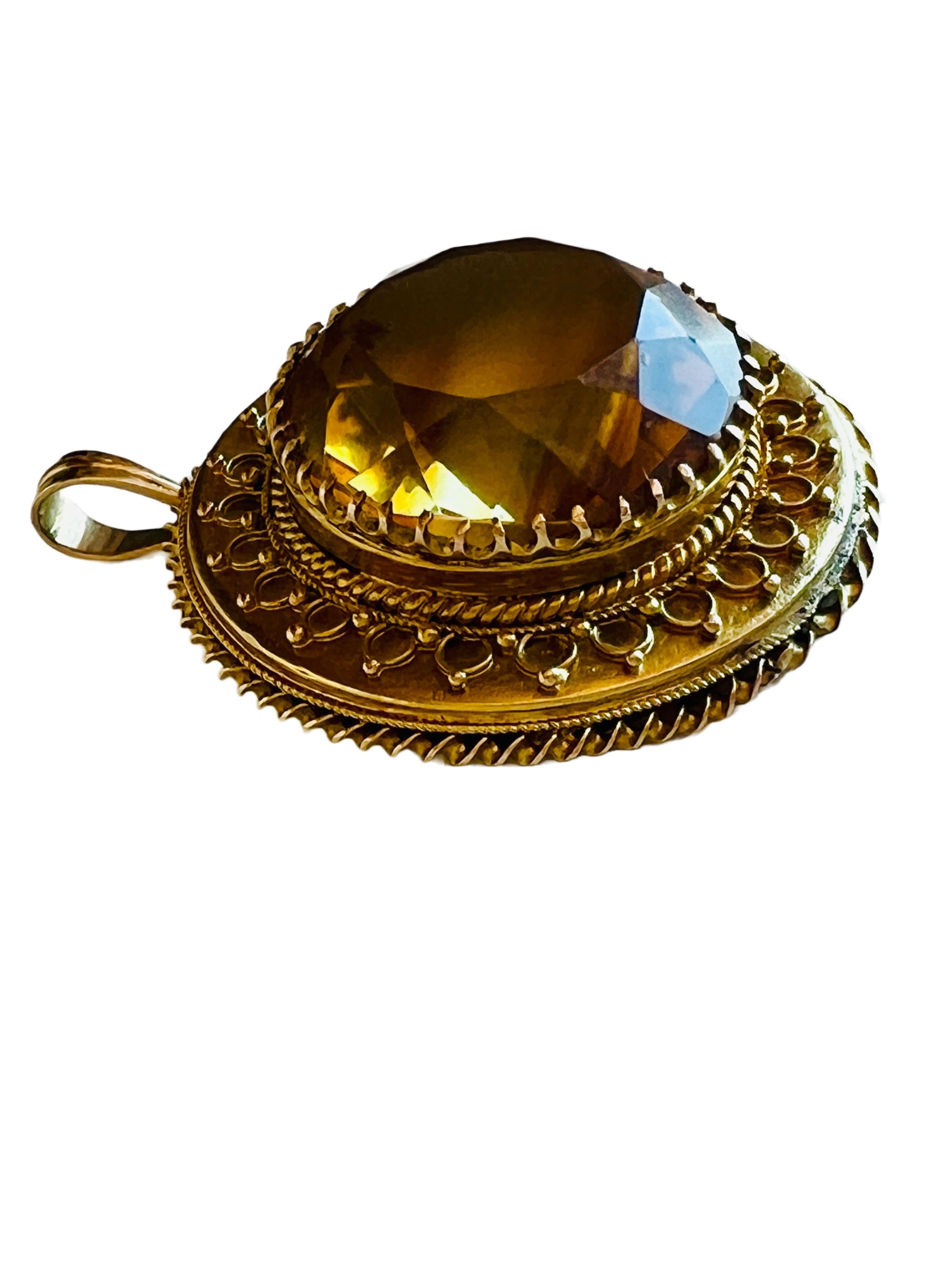 Large Antique 14k Yellow Gold Citrine Quartz Necklace Pendant Vintage Round In Good Condition In Sausalito, CA