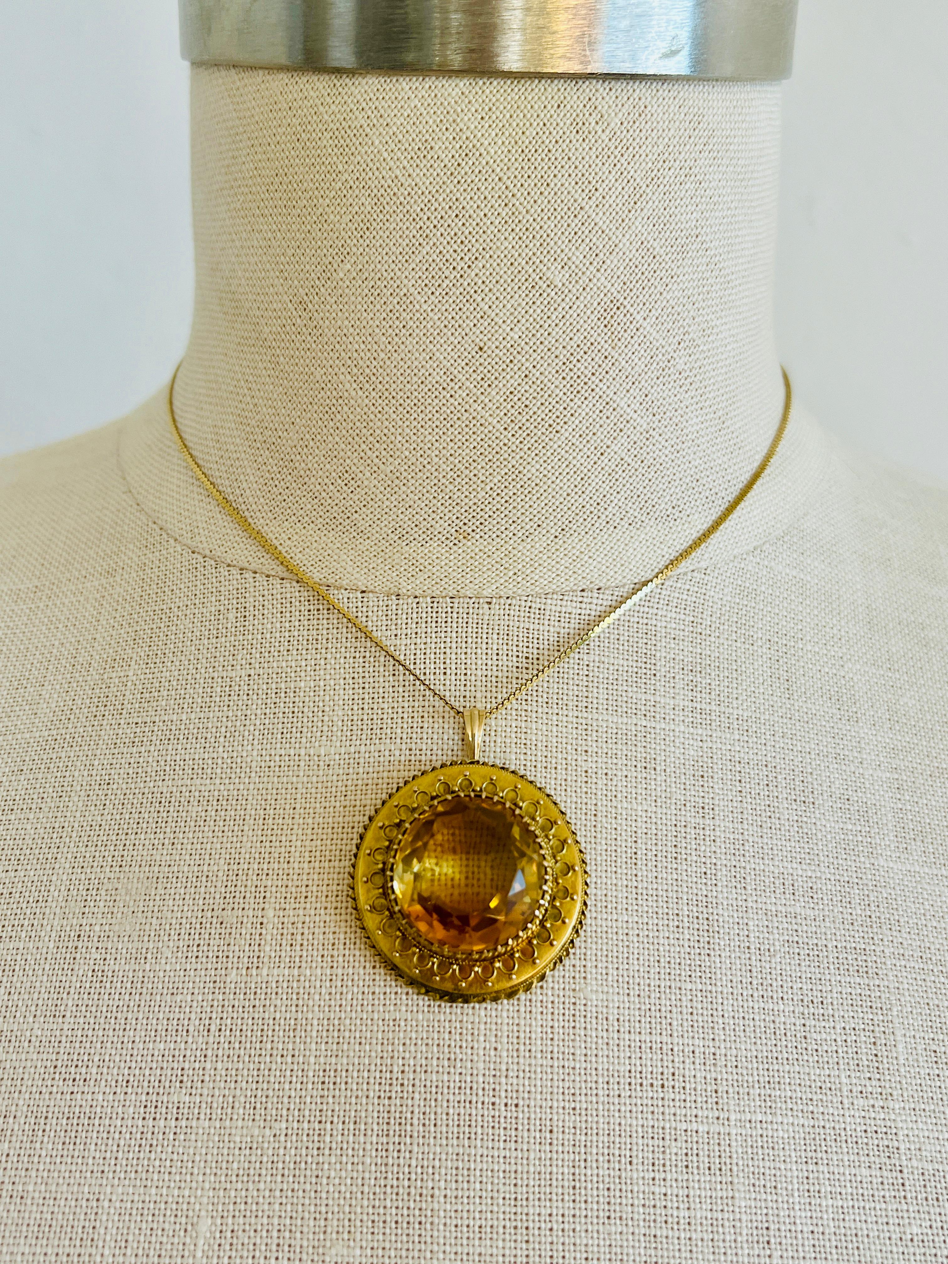 Women's Large Antique 14k Yellow Gold Citrine Quartz Necklace Pendant Vintage Round