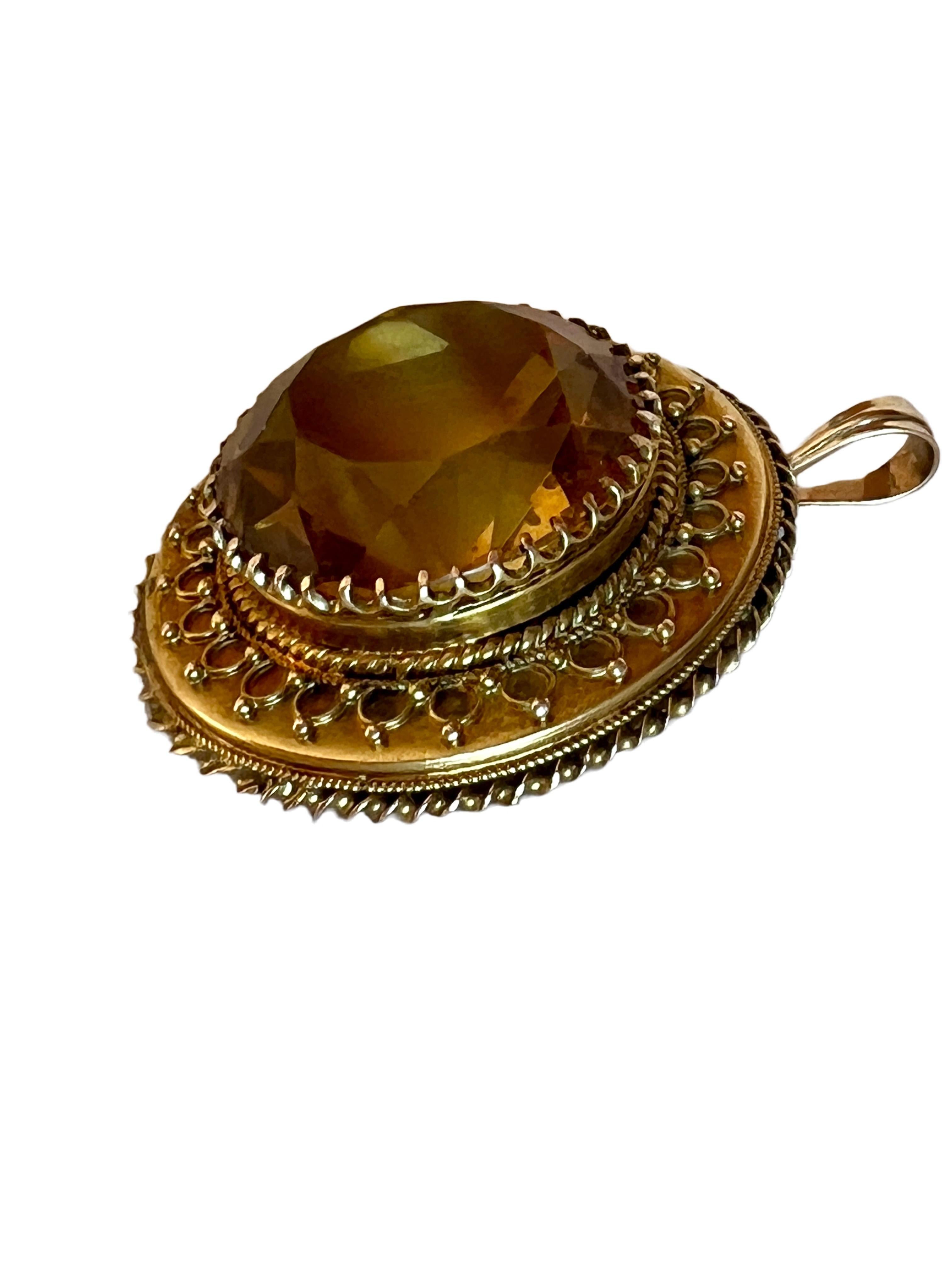 Large Antique 14k Yellow Gold Citrine Quartz Necklace Pendant Vintage Round 1