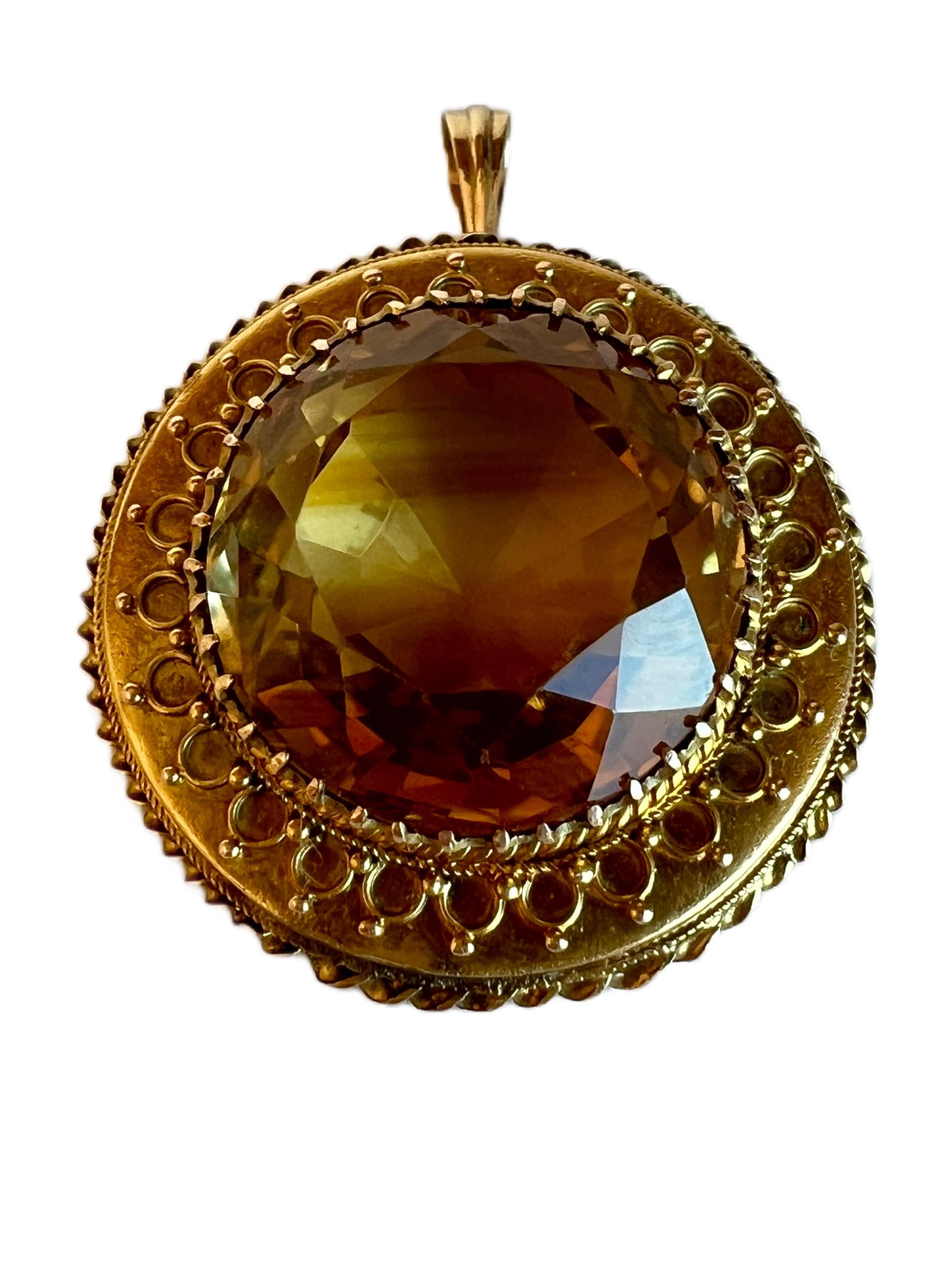 Large Antique 14k Yellow Gold Citrine Quartz Necklace Pendant Vintage Round 2