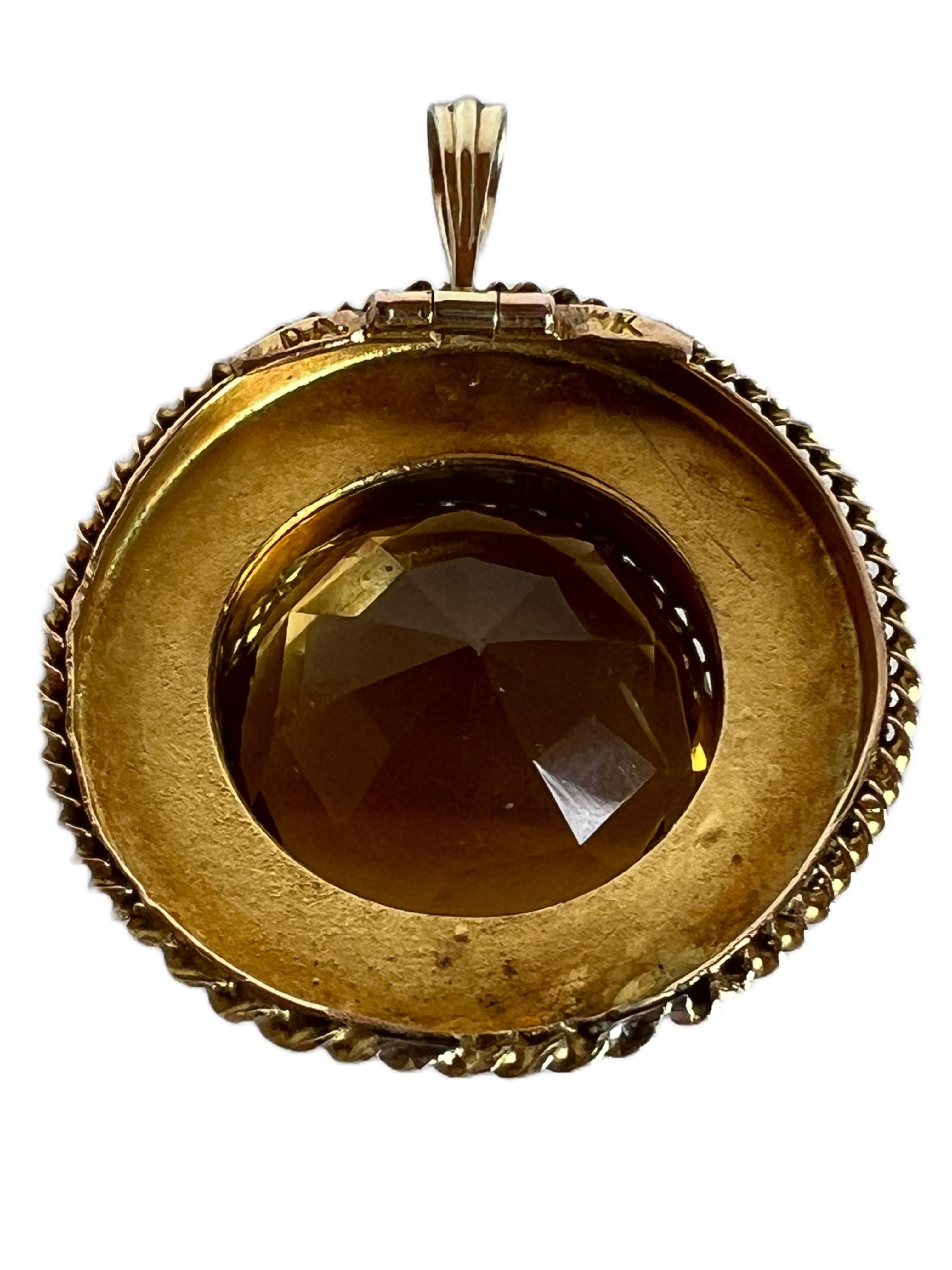 Large Antique 14k Yellow Gold Citrine Quartz Necklace Pendant Vintage Round 3