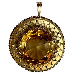 Large Antique 14k Yellow Gold Citrine Quartz Necklace Pendant Vintage Round