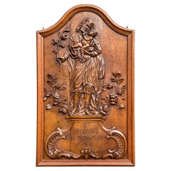 Gran escultura barroca antigua (1768) tallada de José y el Niño Jesús c. Texto latino
