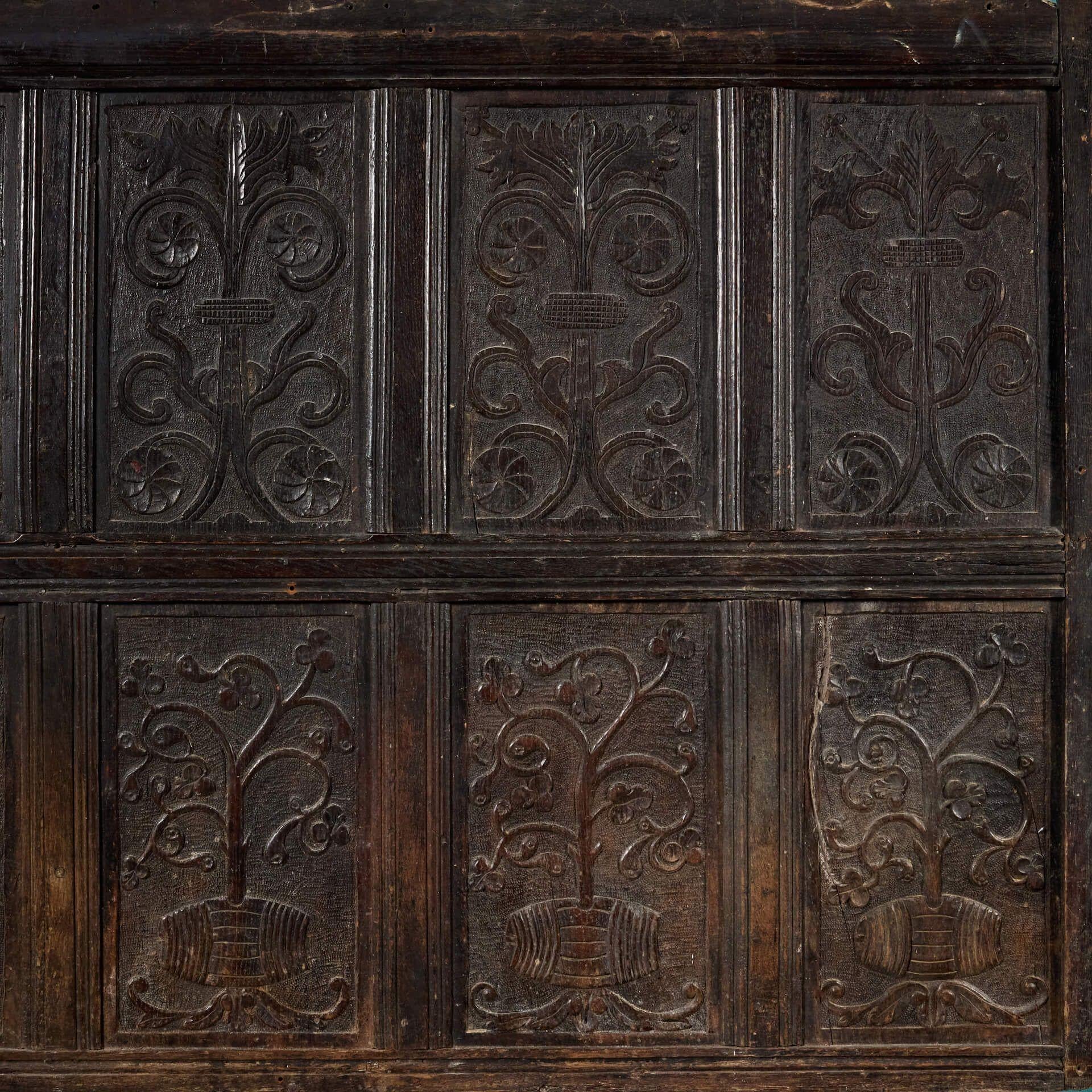 Elizabethan Large Antique 17th Century Carved Oak Panel