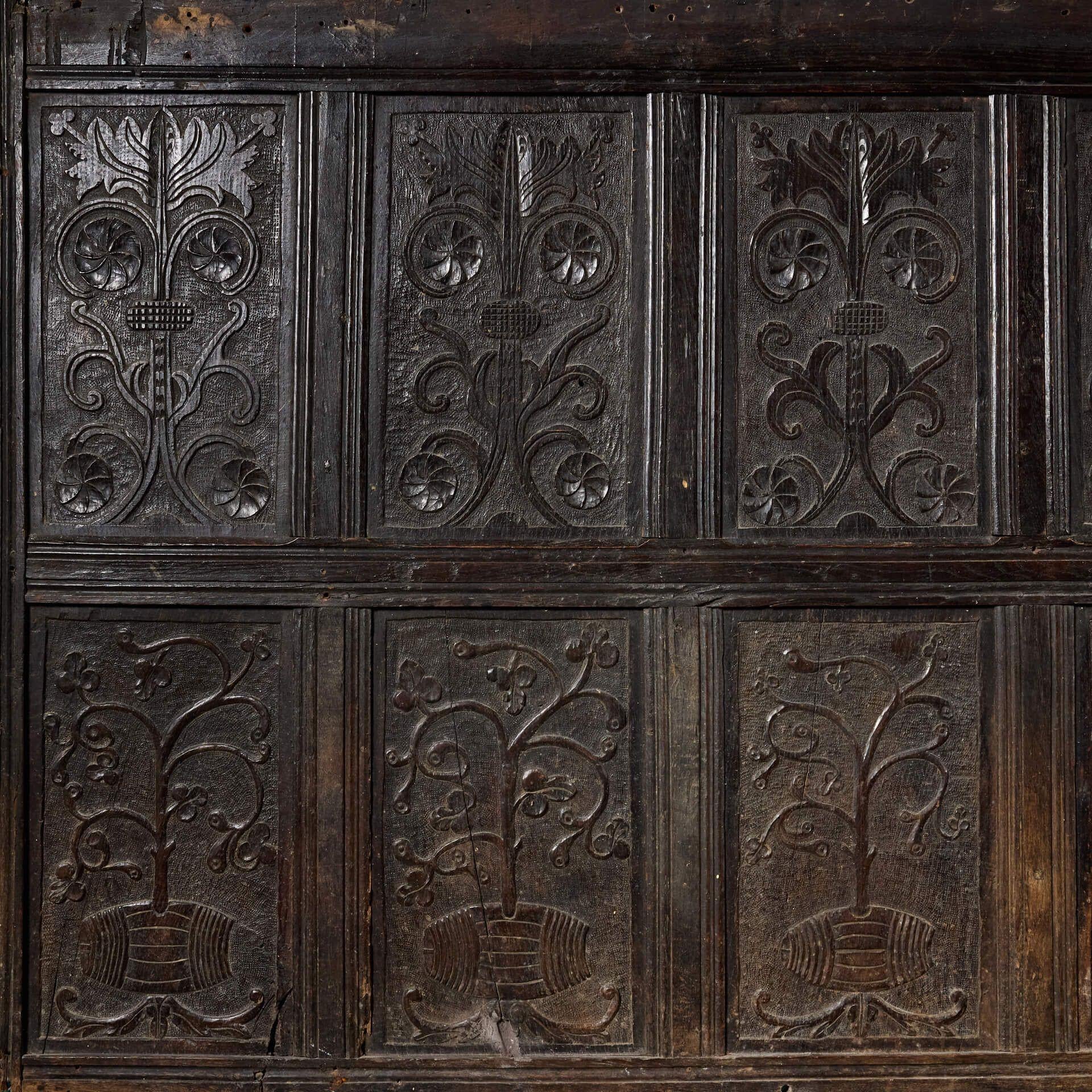 English Large Antique 17th Century Carved Oak Panel