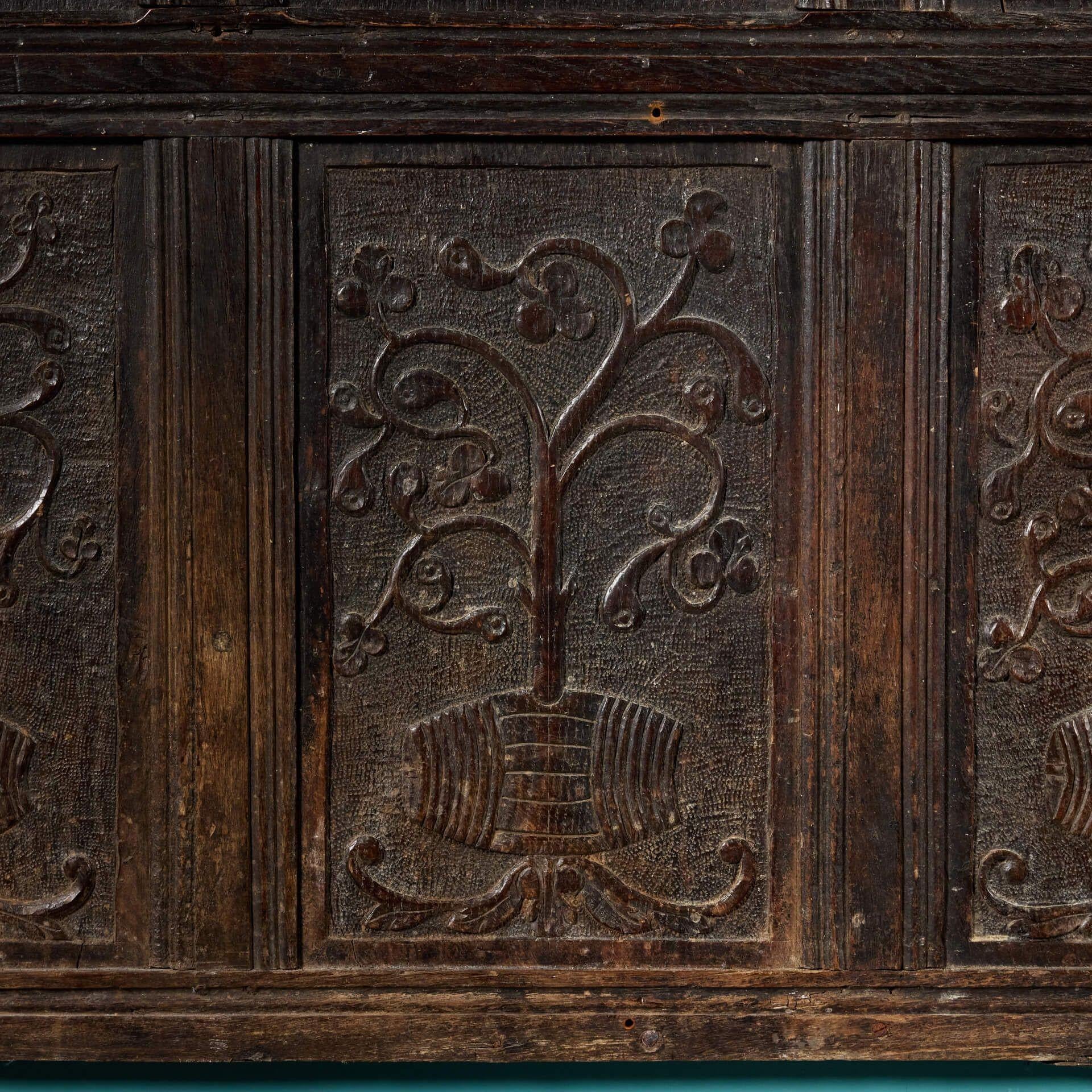 Large Antique 17th Century Carved Oak Panel In Fair Condition In Wormelow, Herefordshire