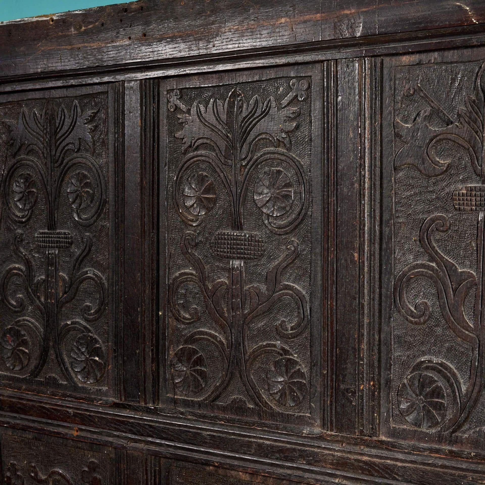 Large Antique 17th Century Carved Oak Panel 1