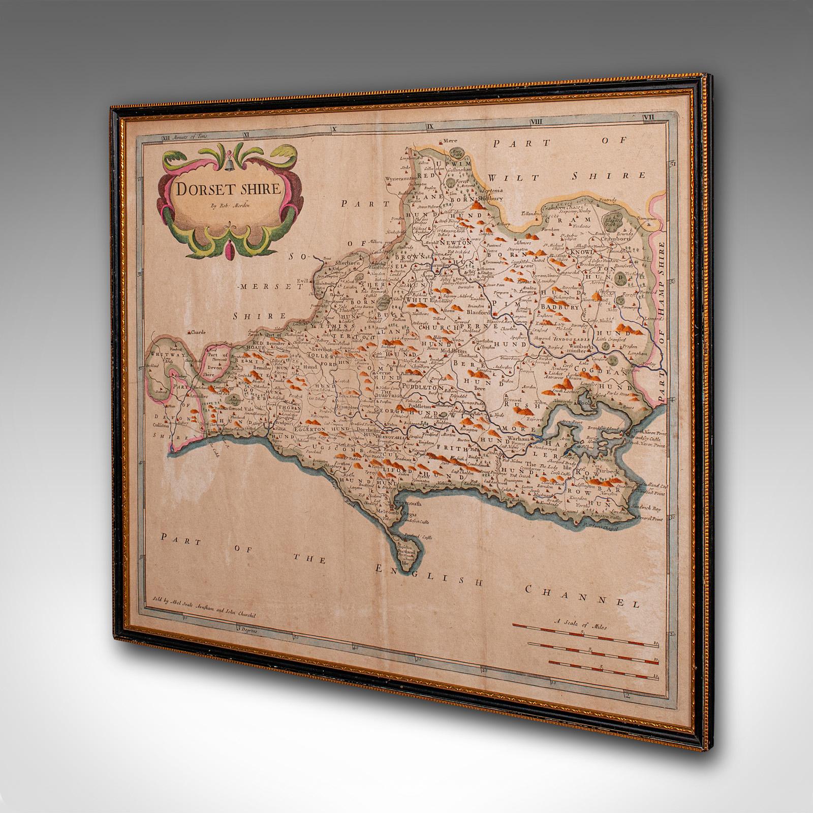 William and Mary Grande carte ancienne du Dorset du 17ème siècle, cartographie encadrée, Atlas, Robert Morden en vente