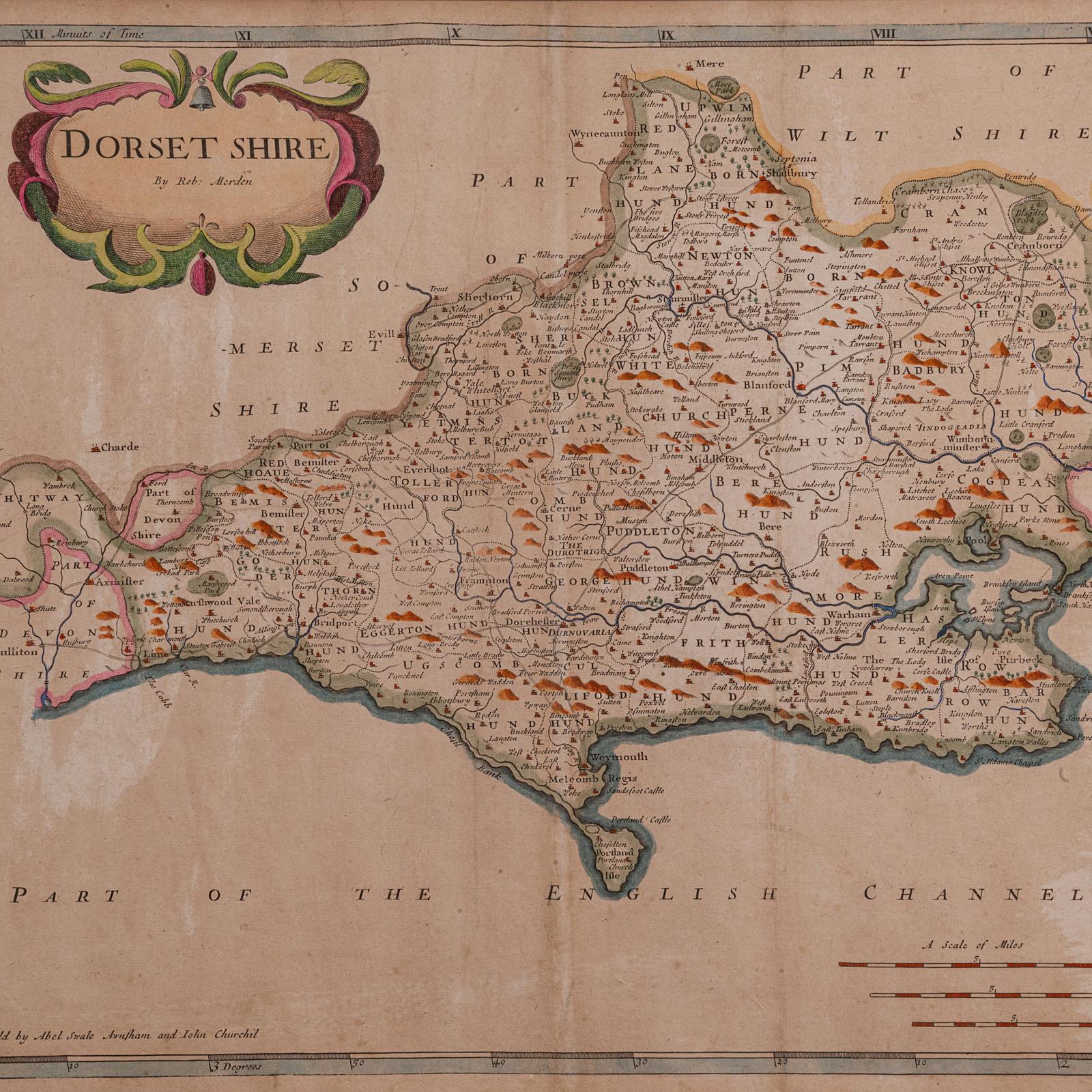 Britannique Grande carte ancienne du Dorset du 17ème siècle, cartographie encadrée, Atlas, Robert Morden en vente