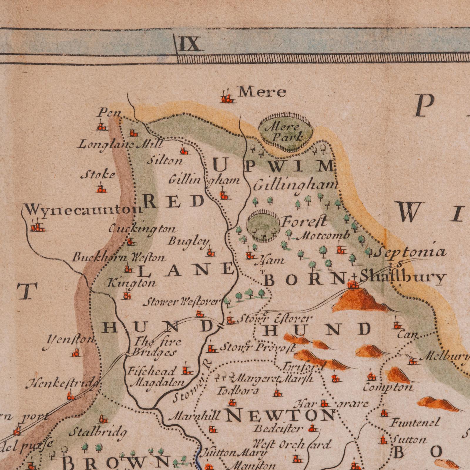 Fin du XVIIe siècle Grande carte ancienne du Dorset du 17ème siècle, cartographie encadrée, Atlas, Robert Morden en vente