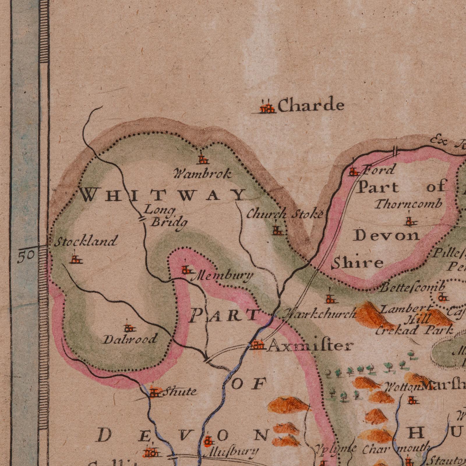 Verre Grande carte ancienne du Dorset du 17ème siècle, cartographie encadrée, Atlas, Robert Morden en vente