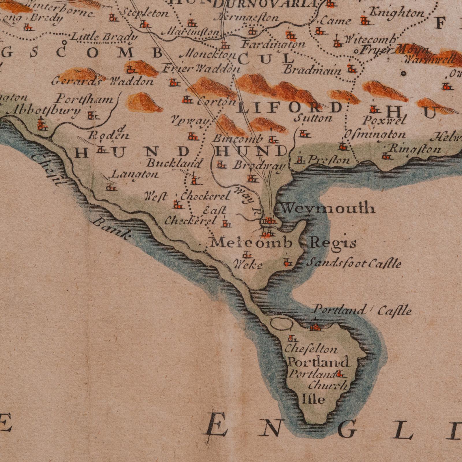Grande carte ancienne du Dorset du 17ème siècle, cartographie encadrée, Atlas, Robert Morden en vente 1