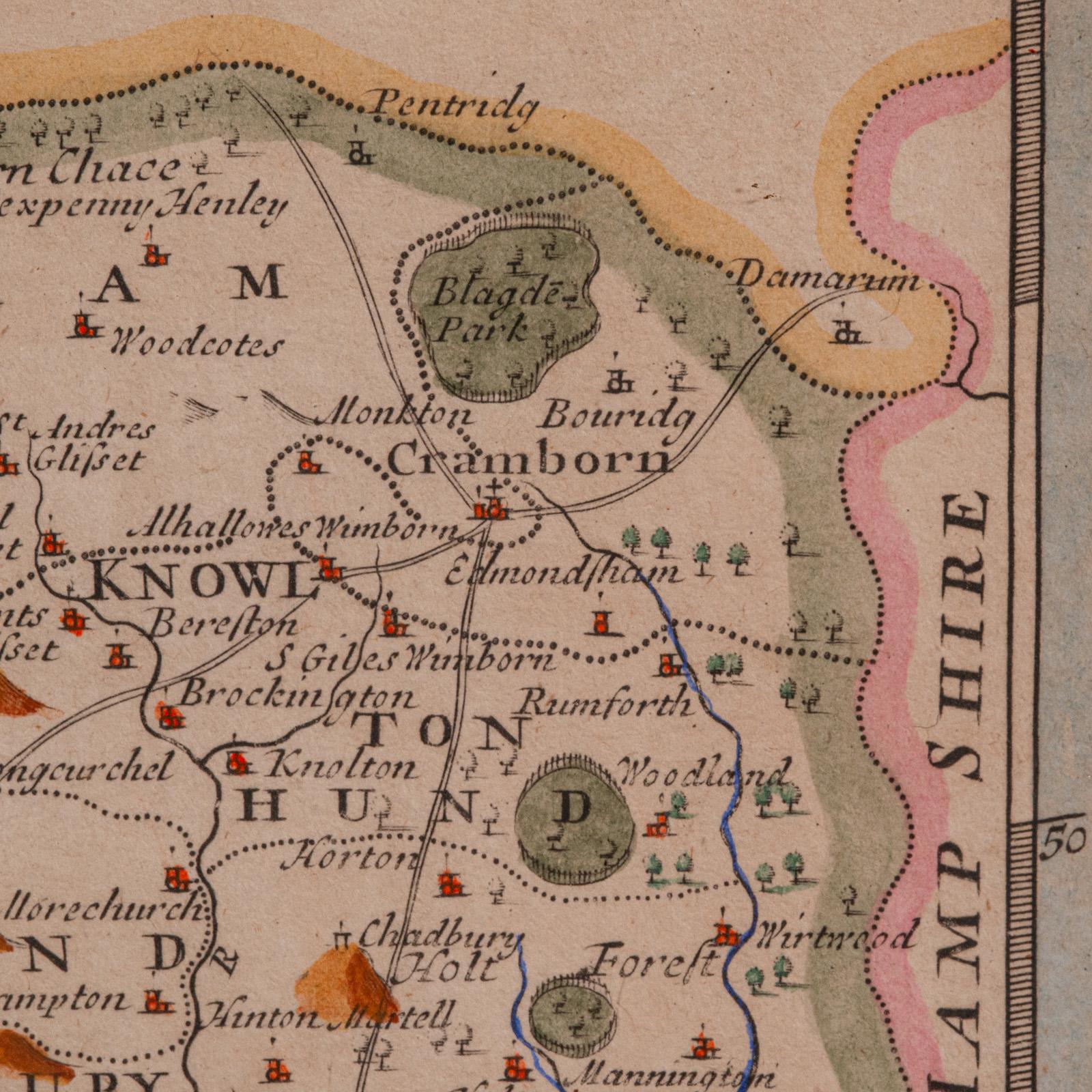 Grande carte ancienne du Dorset du 17ème siècle, cartographie encadrée, Atlas, Robert Morden en vente 2